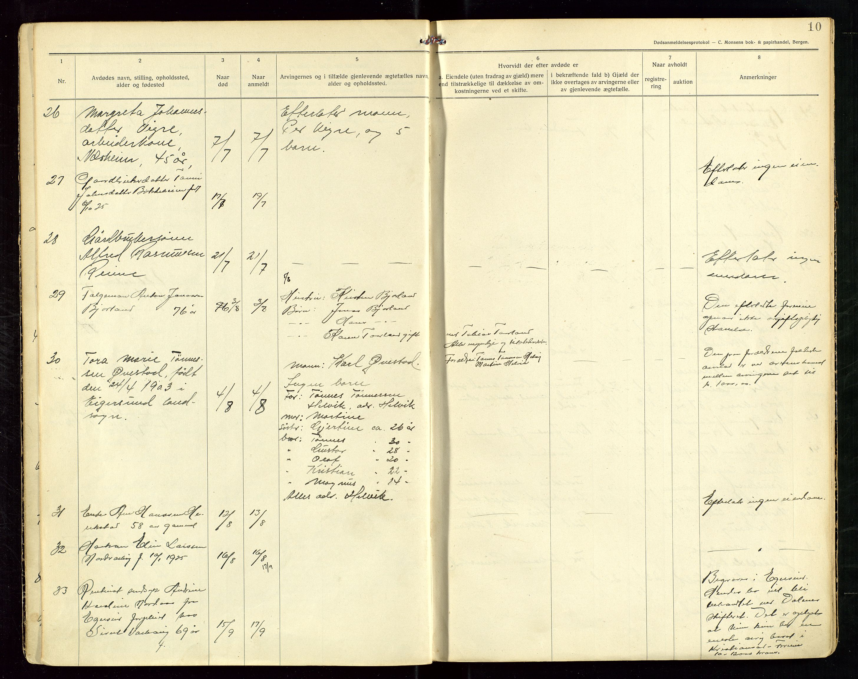 Hå lensmannskontor, SAST/A-100456/Gga/L0003: Dødsfallsprotokoll, 1925-1931, p. 10