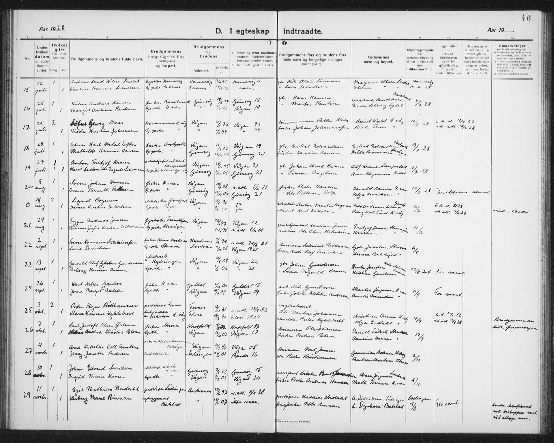 Ministerialprotokoller, klokkerbøker og fødselsregistre - Nordland, AV/SAT-A-1459/874/L1082: Parish register (copy) no. 874C11, 1920-1939, p. 46