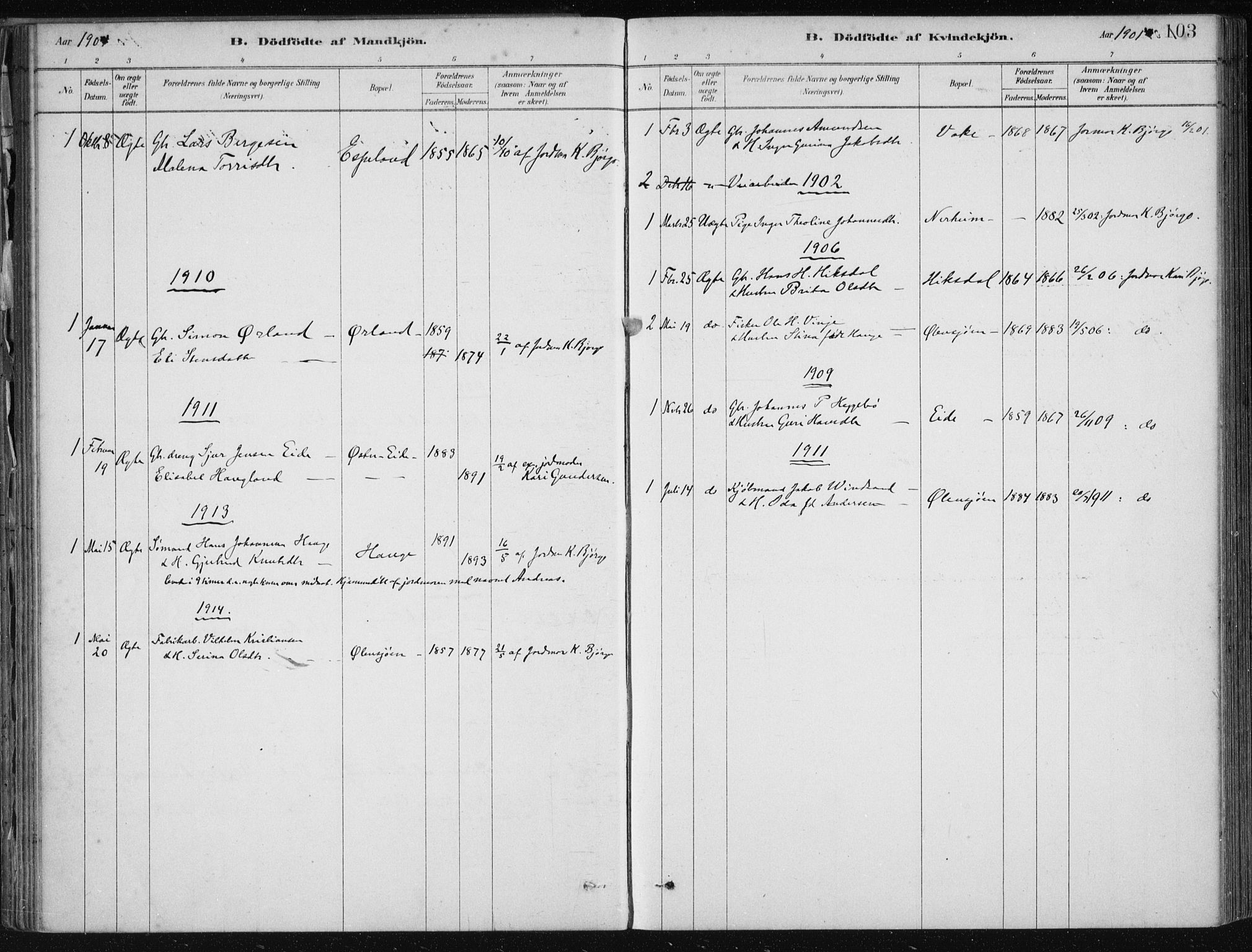 Fjelberg sokneprestembete, AV/SAB-A-75201/H/Haa: Parish register (official) no. D 1, 1879-1918, p. 103