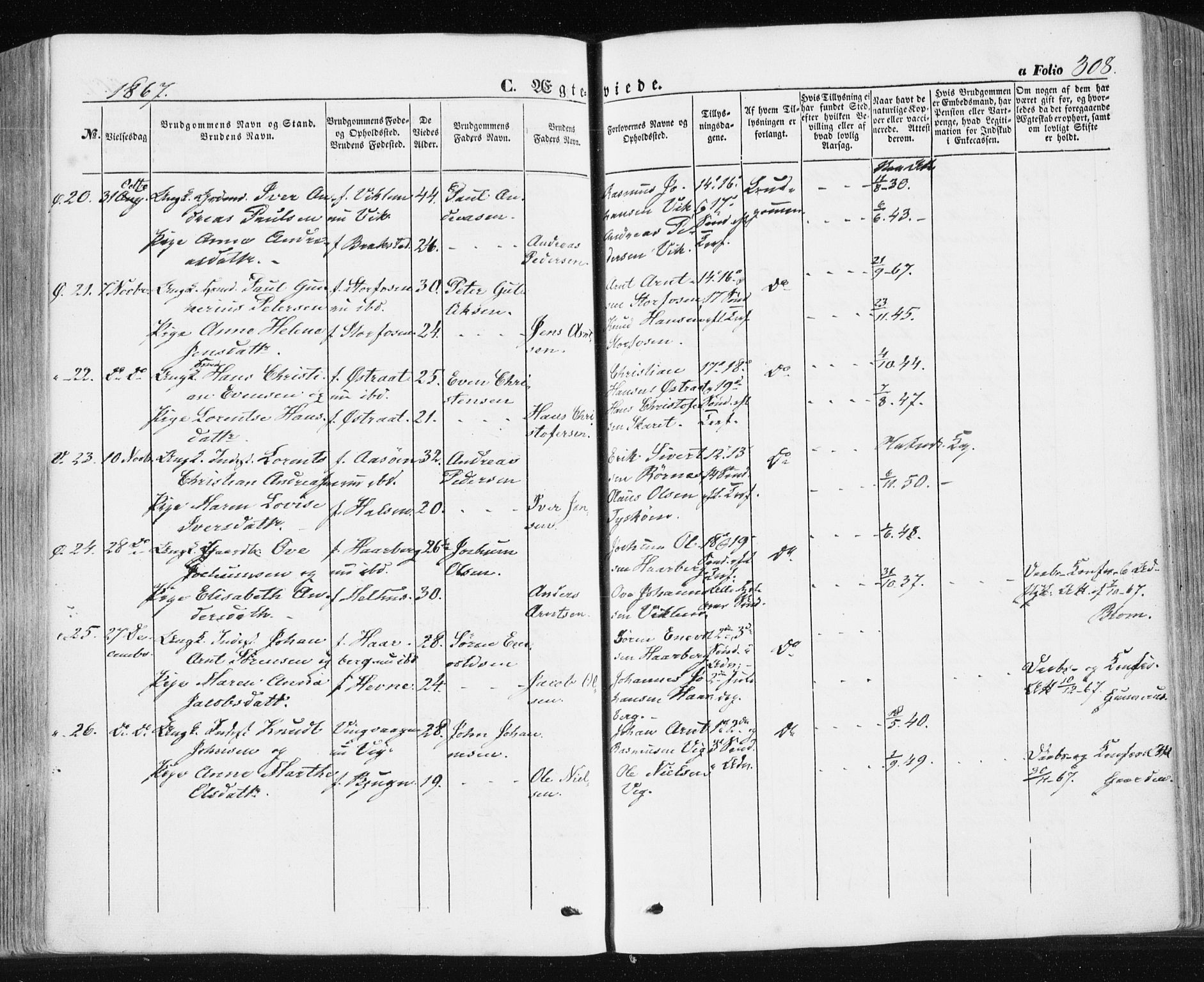 Ministerialprotokoller, klokkerbøker og fødselsregistre - Sør-Trøndelag, SAT/A-1456/659/L0737: Parish register (official) no. 659A07, 1857-1875, p. 308