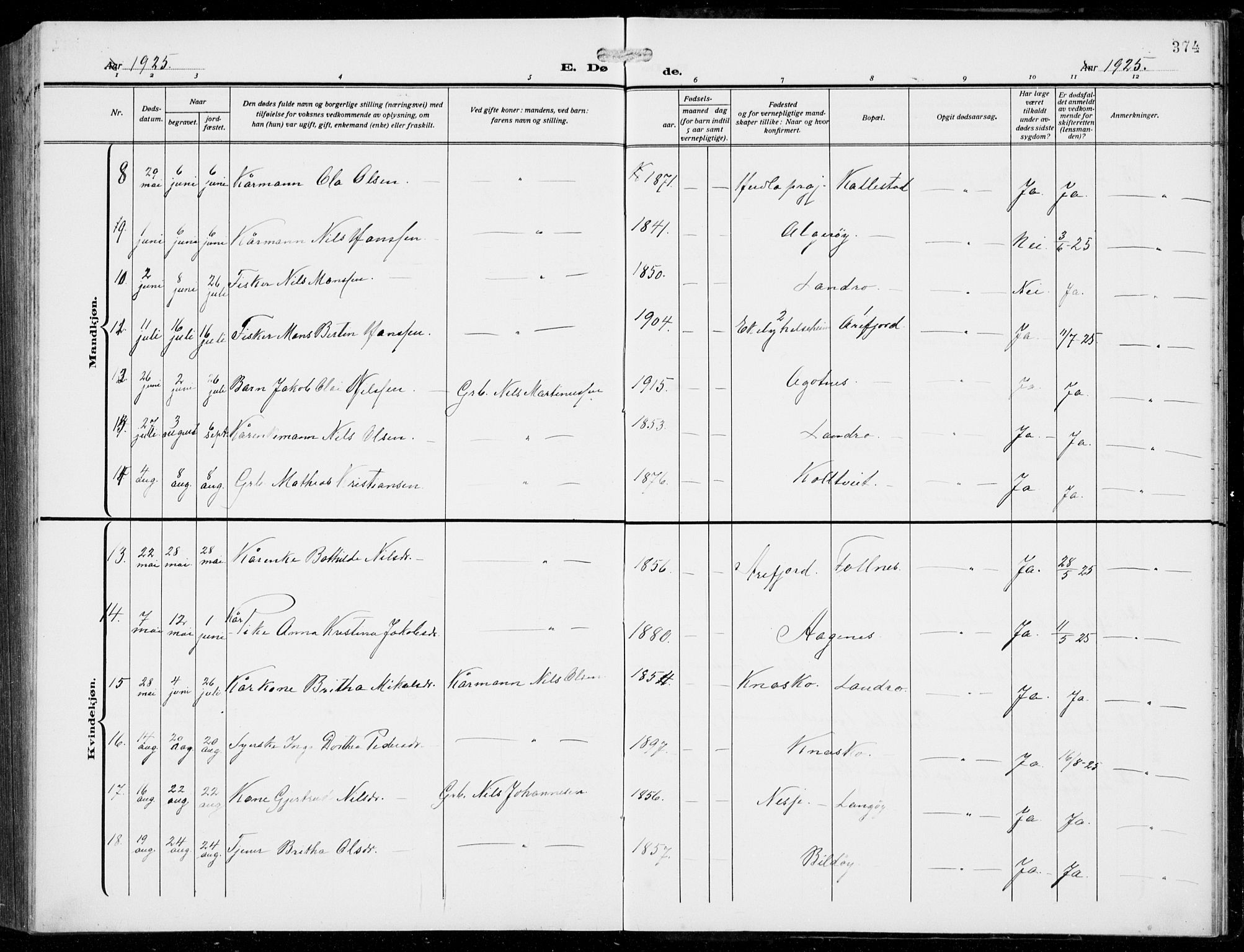 Fjell sokneprestembete, AV/SAB-A-75301/H/Hab: Parish register (copy) no. A  6, 1918-1936, p. 374