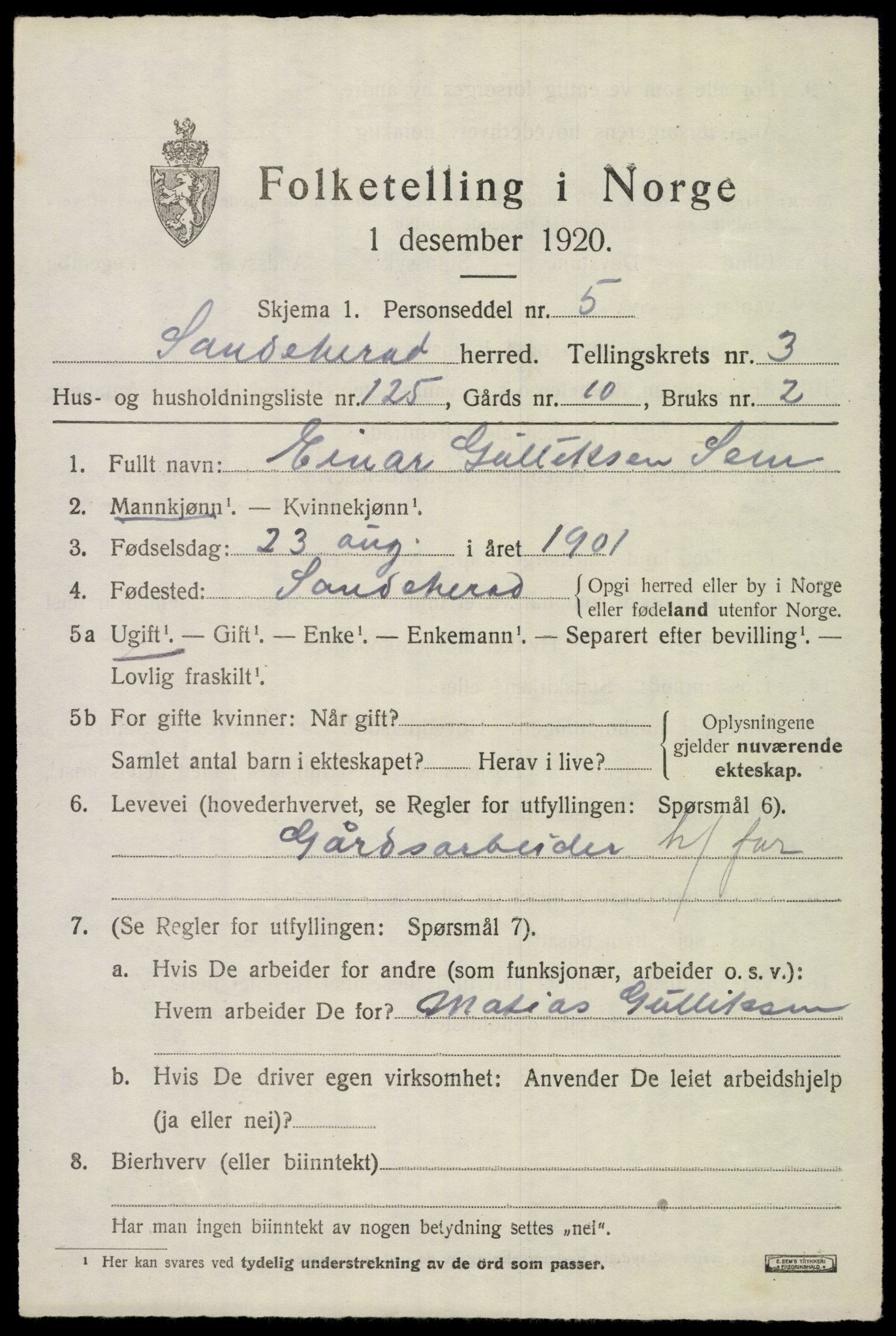 SAKO, 1920 census for Sandeherred, 1920, p. 6656