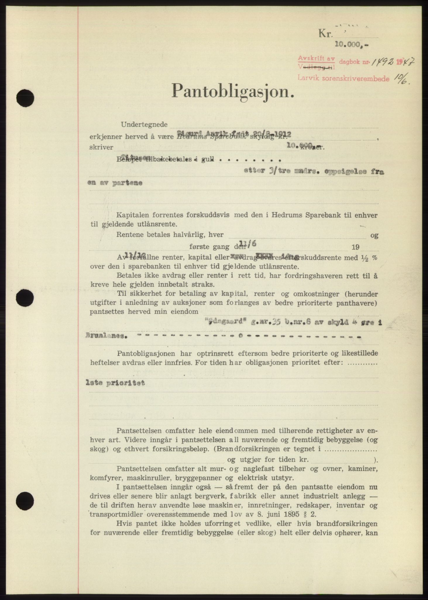 Larvik sorenskriveri, AV/SAKO-A-83/G/Ga/Gac/L0012: Mortgage book no. B-12, 1947-1947, Diary no: : 1492/1947