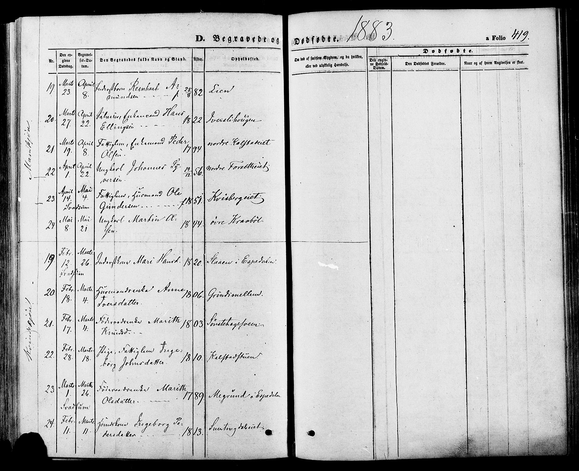 Gausdal prestekontor, SAH/PREST-090/H/Ha/Haa/L0010: Parish register (official) no. 10, 1867-1886, p. 419