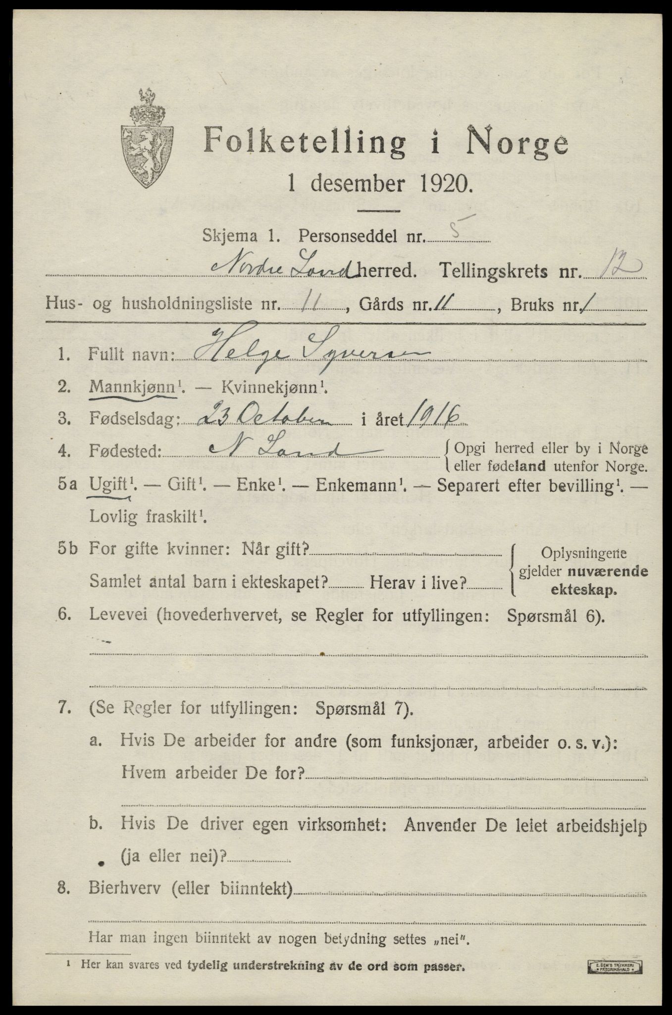 SAH, 1920 census for Nordre Land, 1920, p. 5976