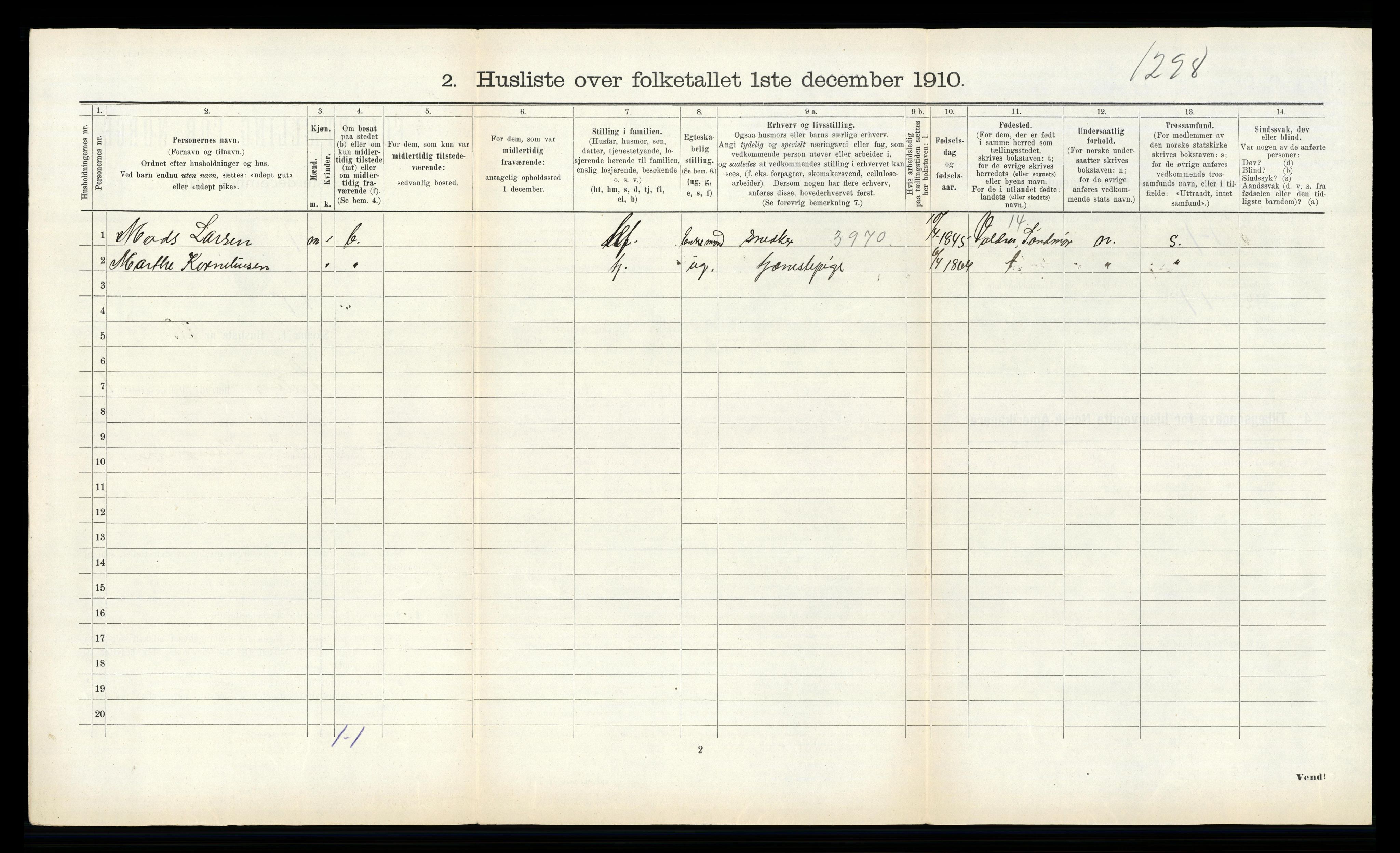 RA, 1910 census for Solund, 1910, p. 108