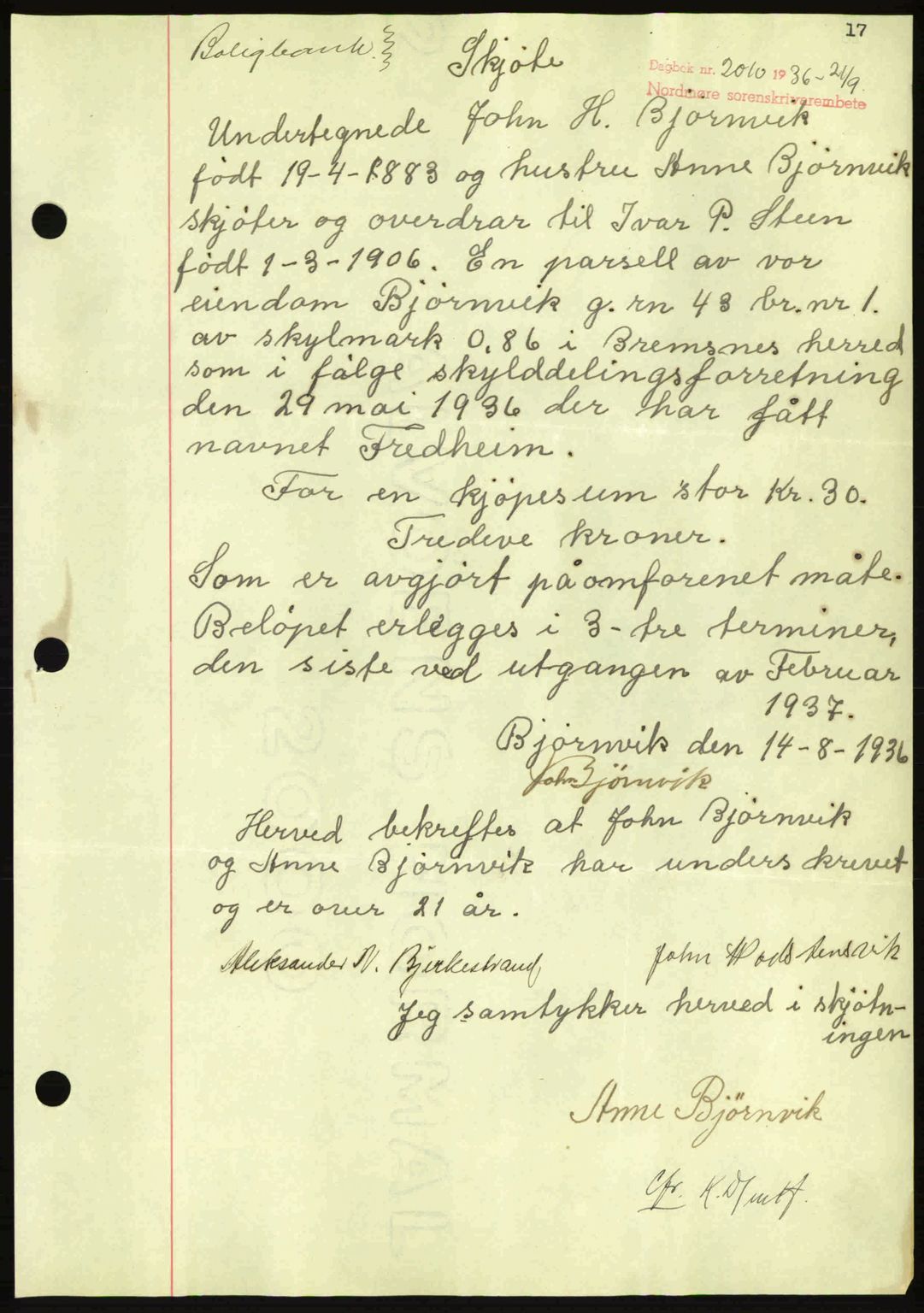 Nordmøre sorenskriveri, AV/SAT-A-4132/1/2/2Ca: Mortgage book no. A80, 1936-1937, Diary no: : 2010/1936