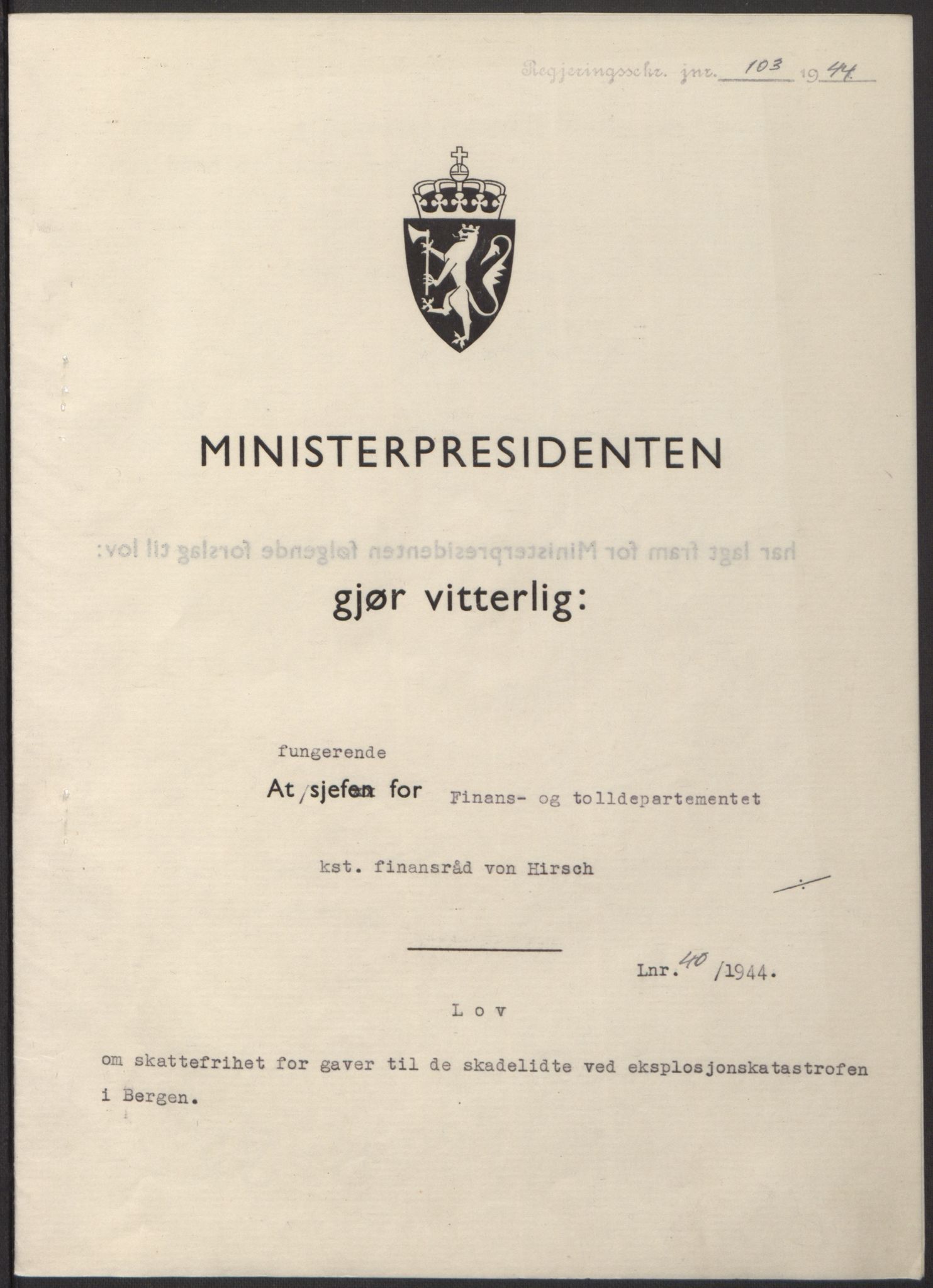 NS-administrasjonen 1940-1945 (Statsrådsekretariatet, de kommisariske statsråder mm), RA/S-4279/D/Db/L0100: Lover, 1944, p. 193