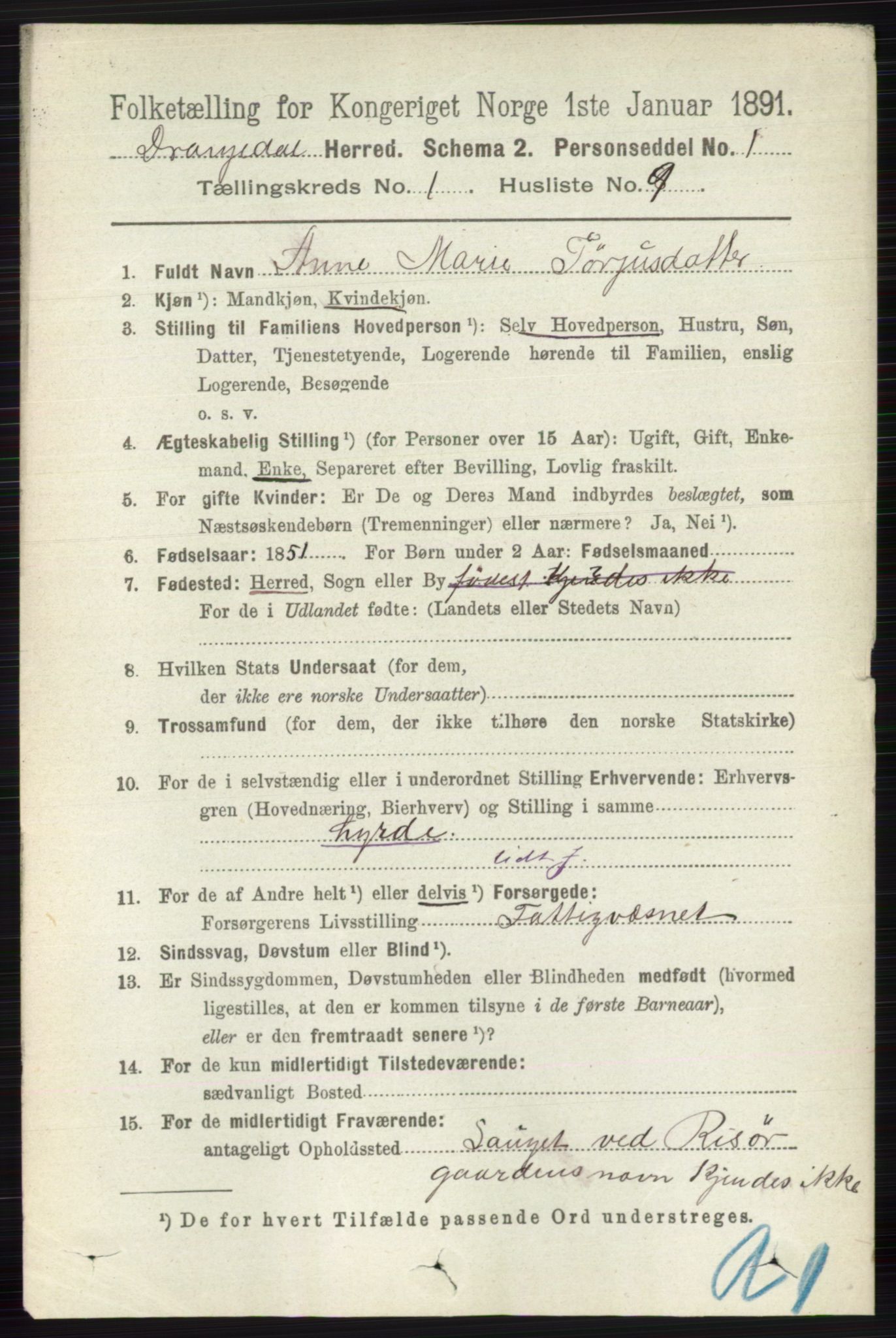 RA, 1891 census for 0817 Drangedal, 1891, p. 141
