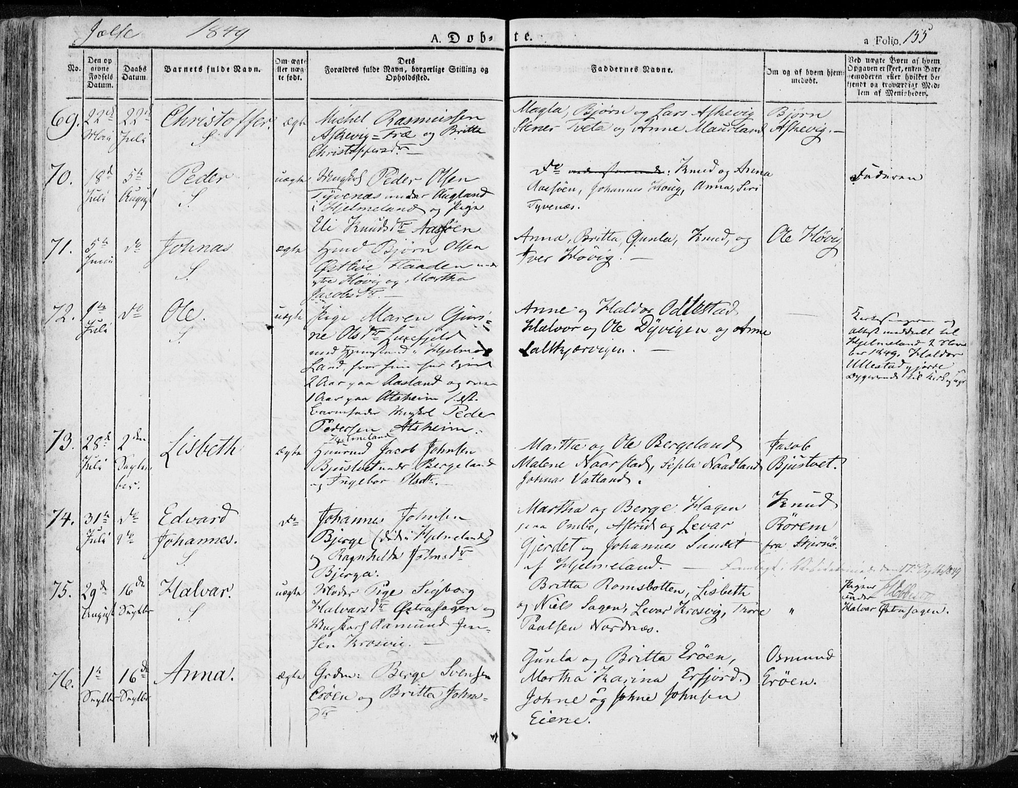 Jelsa sokneprestkontor, AV/SAST-A-101842/01/IV: Parish register (official) no. A 6.1, 1828-1853, p. 155