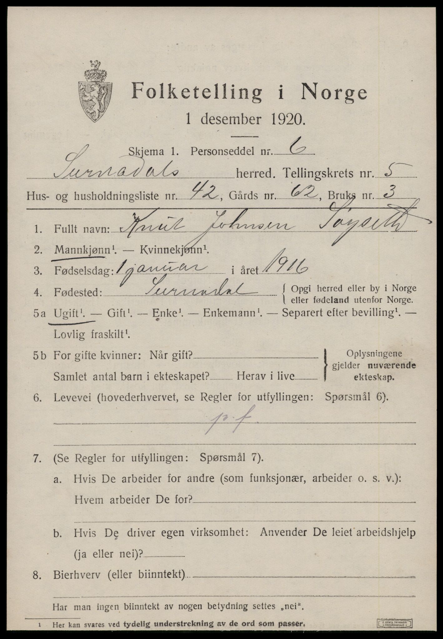 SAT, 1920 census for Surnadal, 1920, p. 4279