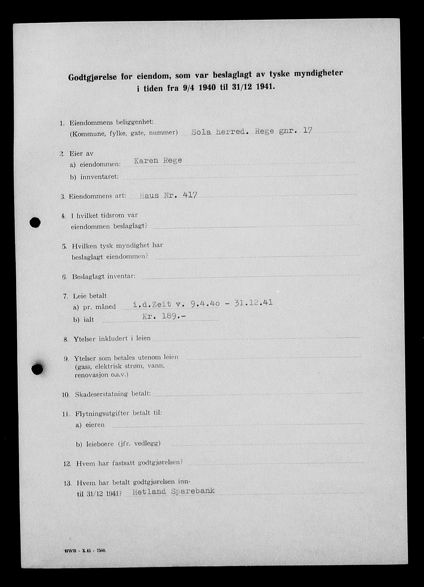 Justisdepartementet, Tilbakeføringskontoret for inndratte formuer, AV/RA-S-1564/I/L1015: Godtgjørelse for beslaglagt eiendom, 1940-1941, p. 82