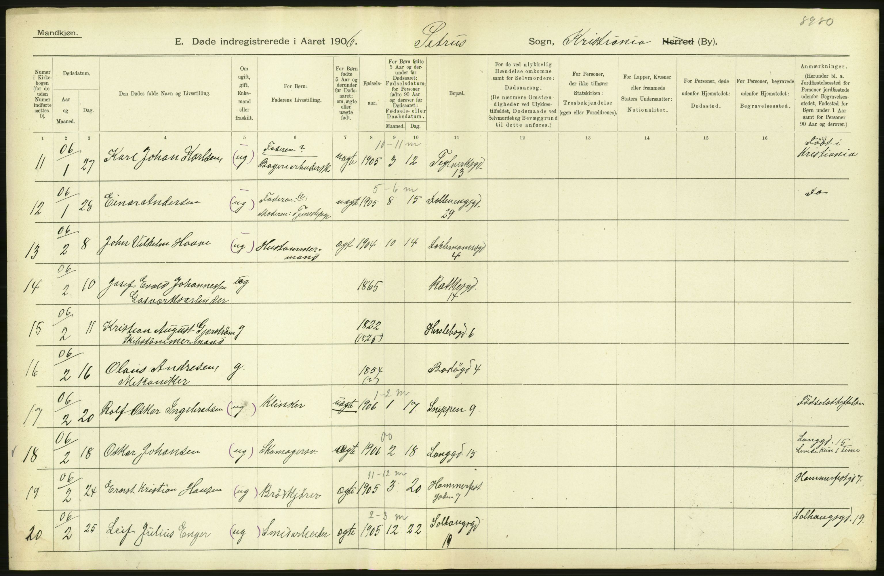 Statistisk sentralbyrå, Sosiodemografiske emner, Befolkning, RA/S-2228/D/Df/Dfa/Dfad/L0009: Kristiania: Døde, 1906, p. 432