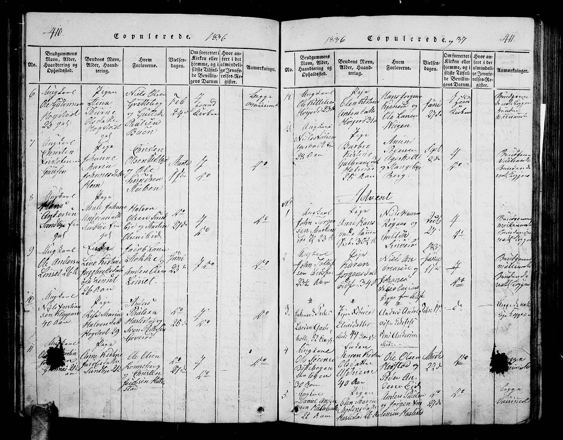 Hof kirkebøker, AV/SAKO-A-64/G/Ga/L0001: Parish register (copy) no. I 1, 1814-1844, p. 410-411