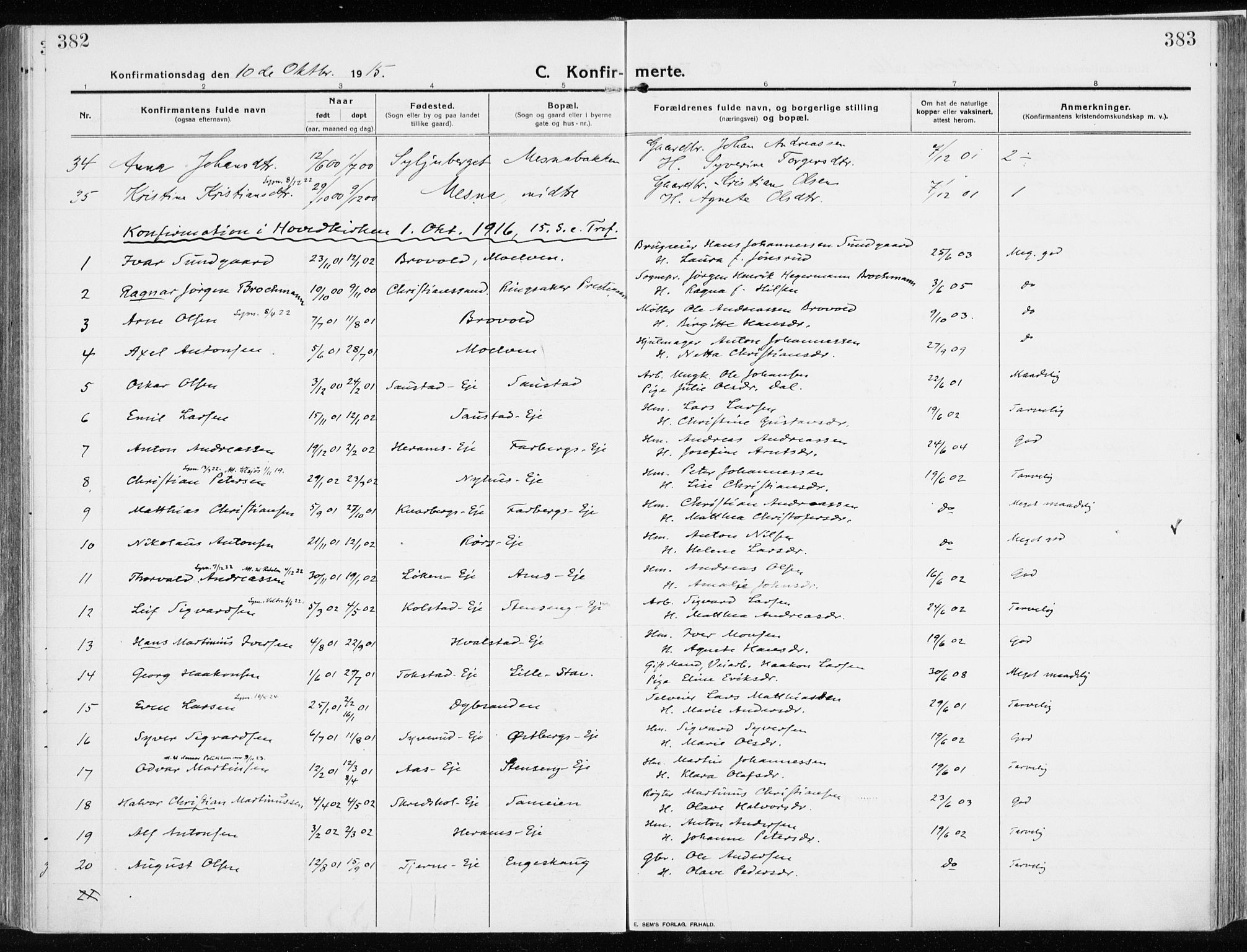 Ringsaker prestekontor, SAH/PREST-014/K/Ka/L0020: Parish register (official) no. 20, 1913-1922, p. 382-383