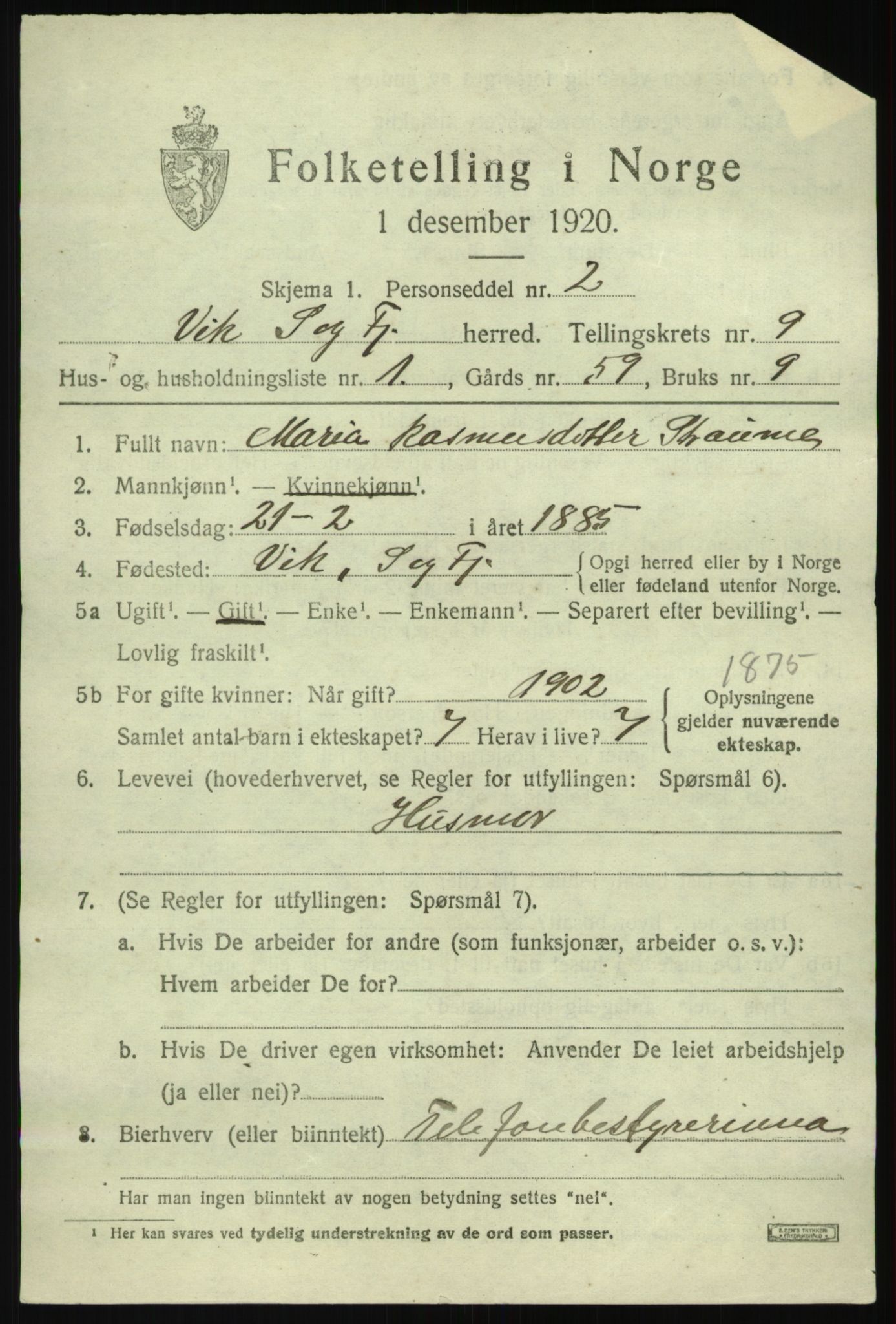 SAB, 1920 census for Vik, 1920, p. 5519