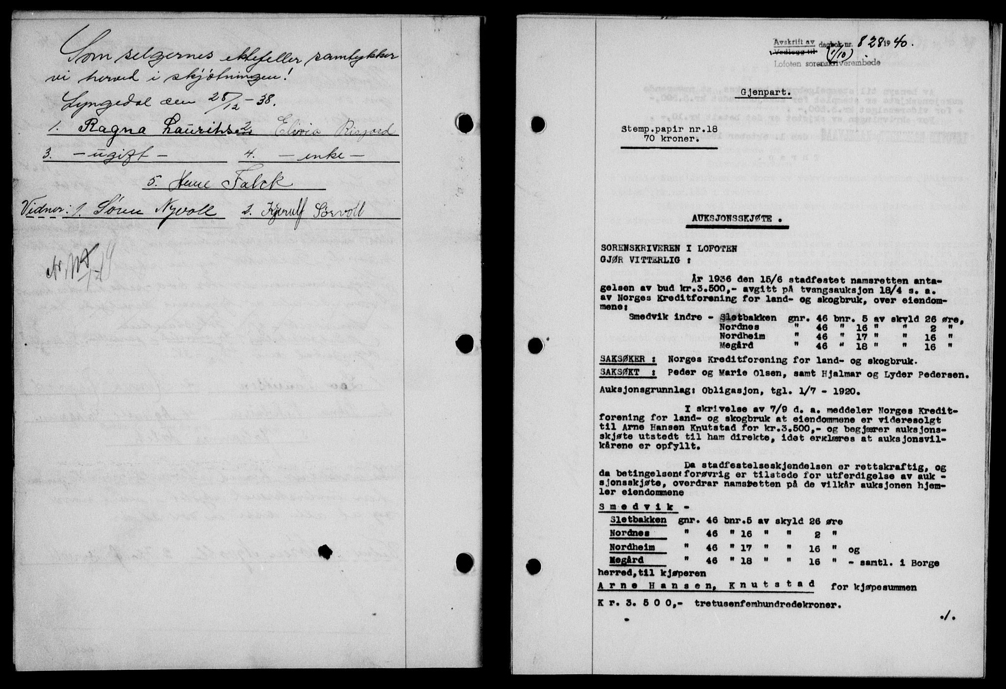 Lofoten sorenskriveri, SAT/A-0017/1/2/2C/L0007a: Mortgage book no. 7a, 1939-1940, Diary no: : 828/1940