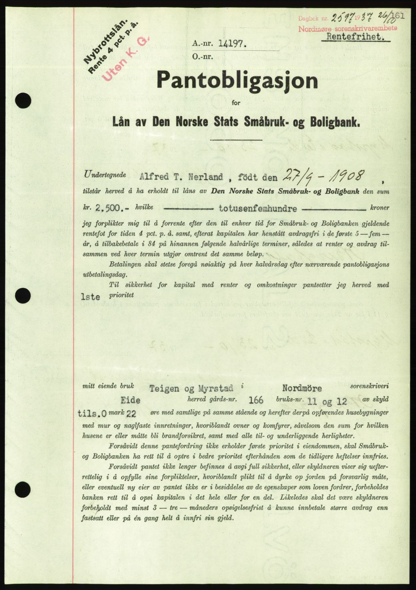 Nordmøre sorenskriveri, AV/SAT-A-4132/1/2/2Ca/L0092: Mortgage book no. B82, 1937-1938, Diary no: : 2597/1937