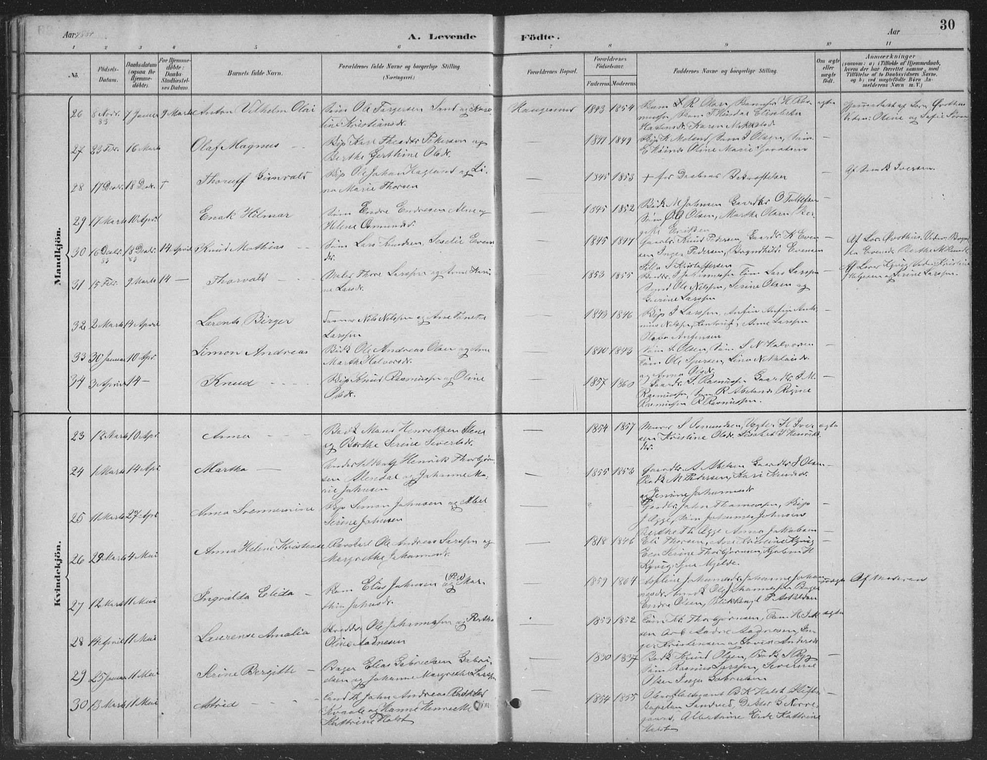 Haugesund sokneprestkontor, AV/SAST-A -101863/H/Ha/Hab/L0002: Parish register (copy) no. B 2, 1881-1894, p. 30