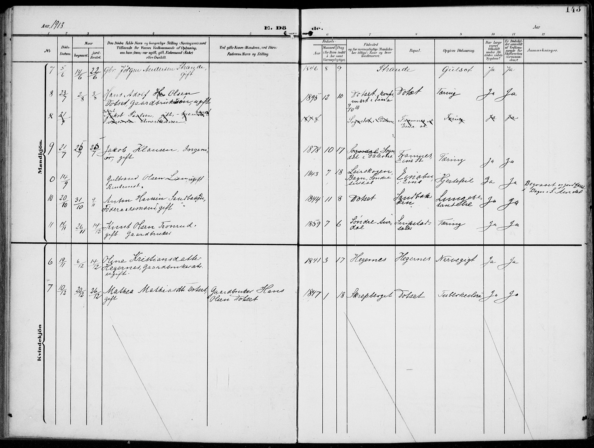 Kolbu prestekontor, SAH/PREST-110/H/Ha/Haa/L0001: Parish register (official) no. 1, 1907-1923, p. 143
