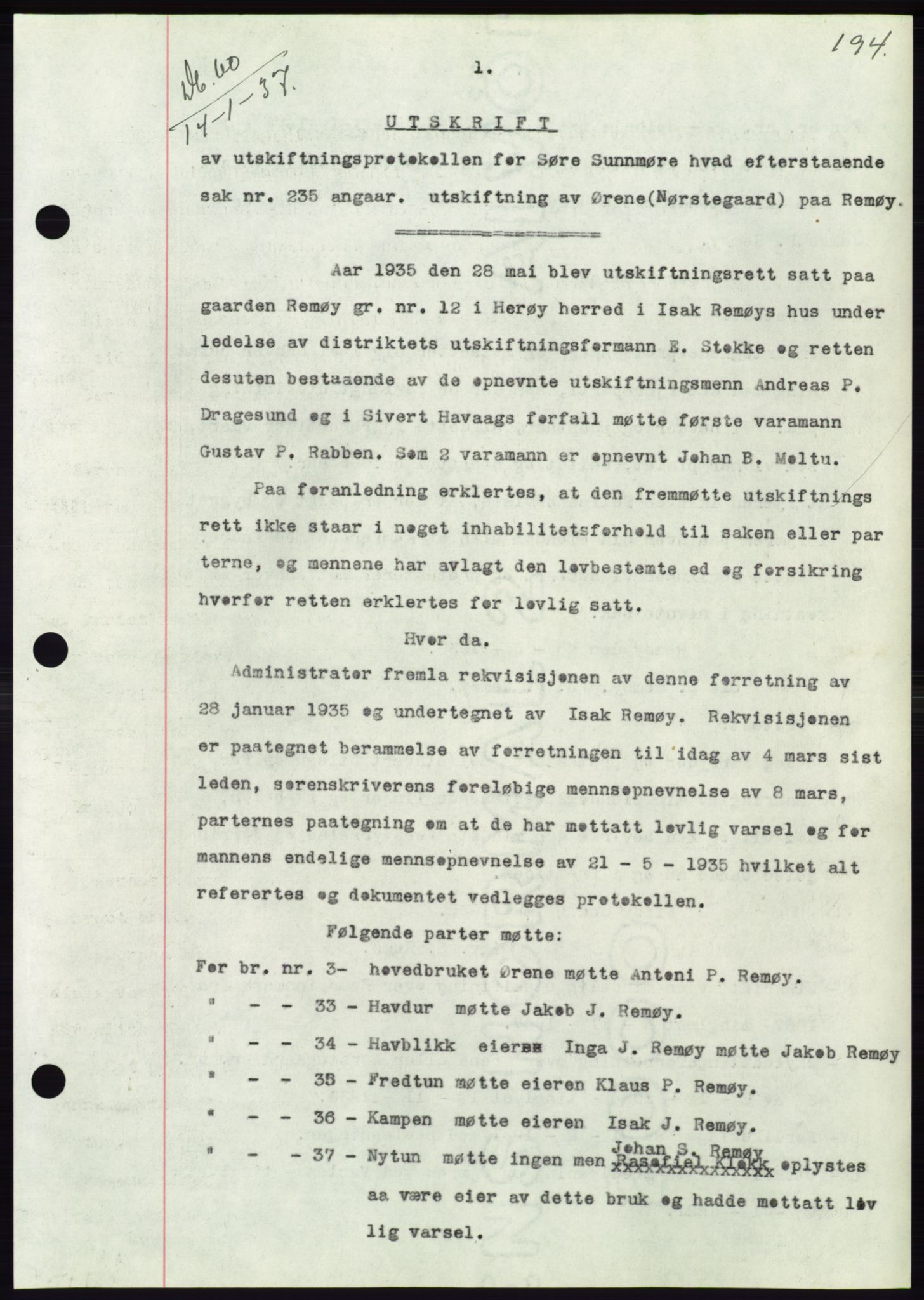 Søre Sunnmøre sorenskriveri, AV/SAT-A-4122/1/2/2C/L0062: Mortgage book no. 56, 1936-1937, Diary no: : 60/1937