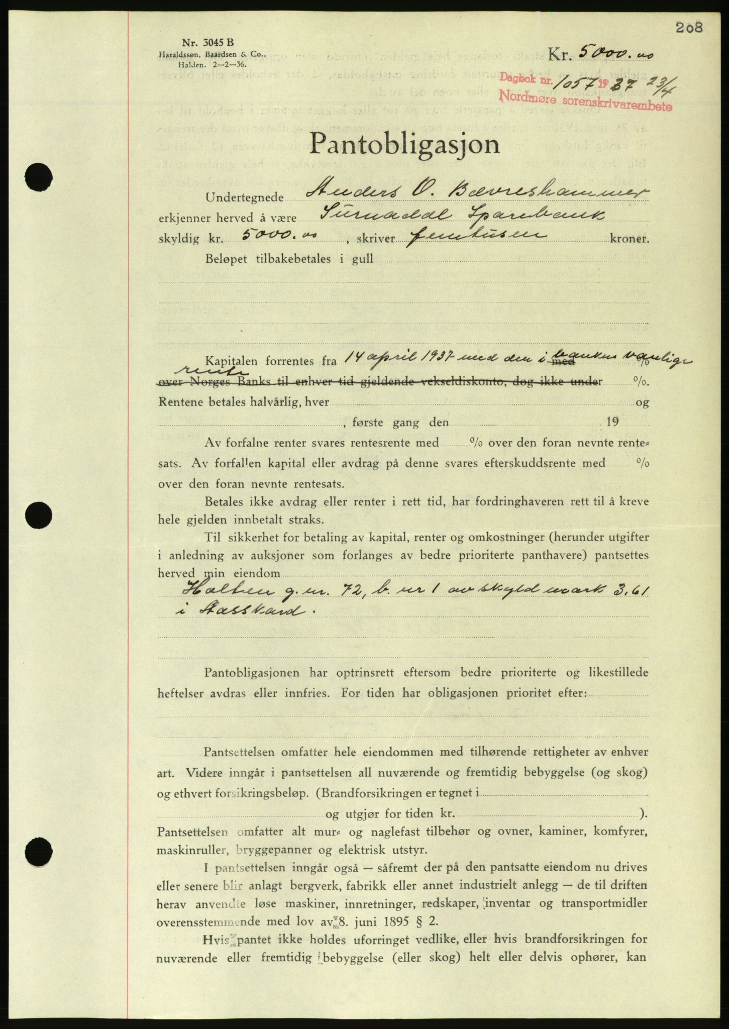 Nordmøre sorenskriveri, AV/SAT-A-4132/1/2/2Ca/L0091: Mortgage book no. B81, 1937-1937, Diary no: : 1057/1937