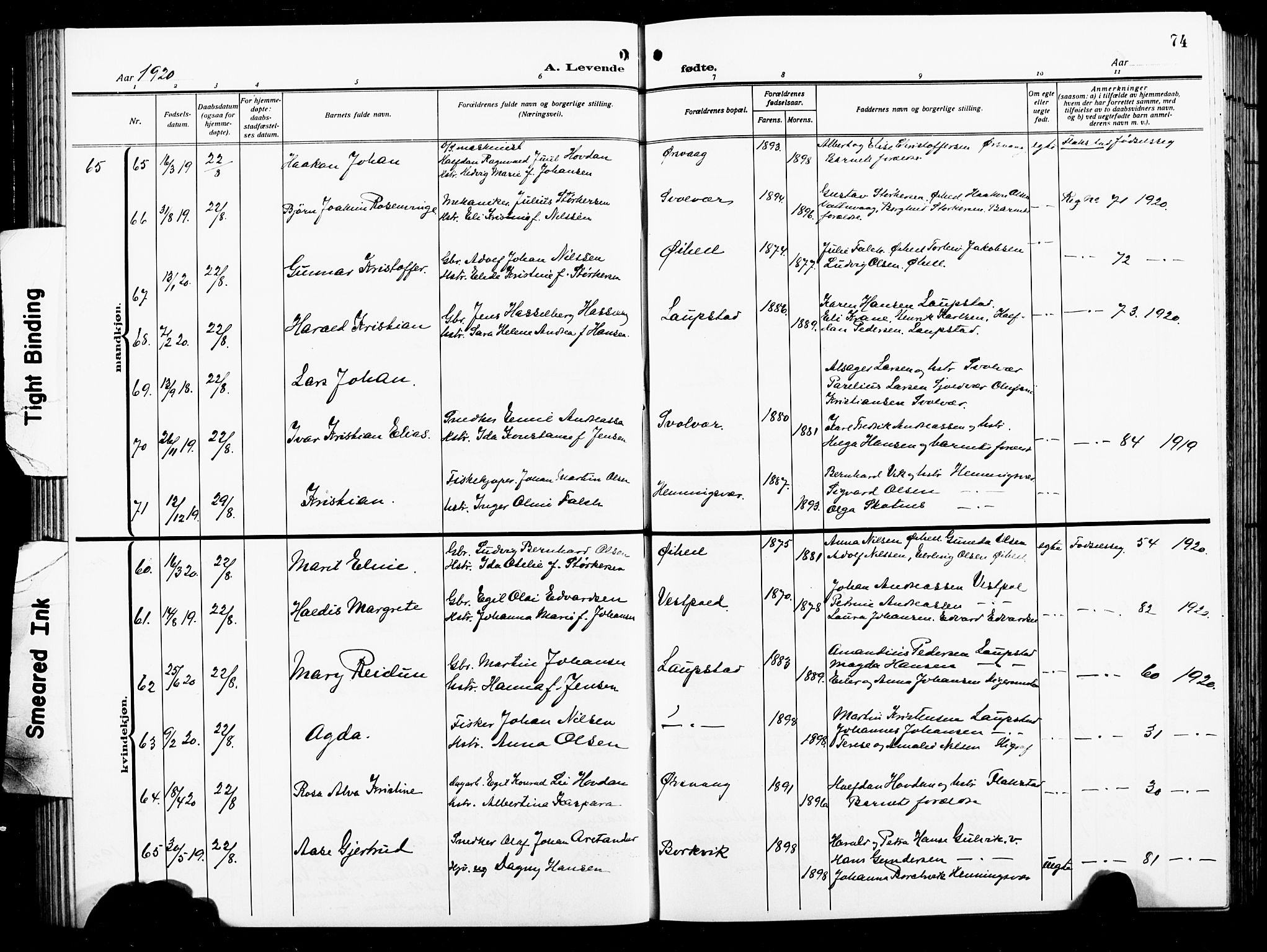 Ministerialprotokoller, klokkerbøker og fødselsregistre - Nordland, AV/SAT-A-1459/874/L1080: Parish register (copy) no. 874C09, 1915-1925, p. 74