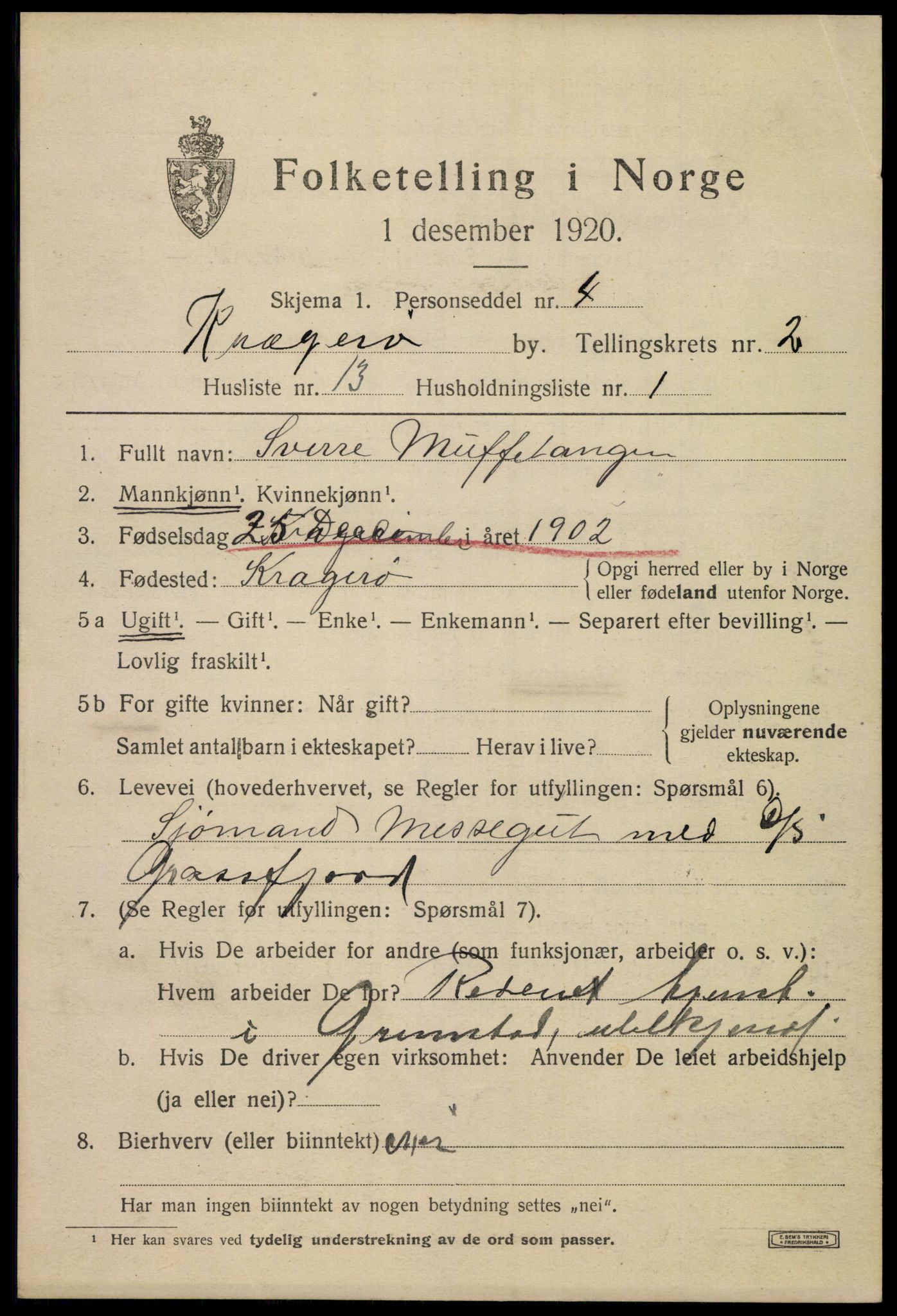 SAKO, 1920 census for Kragerø, 1920, p. 5455
