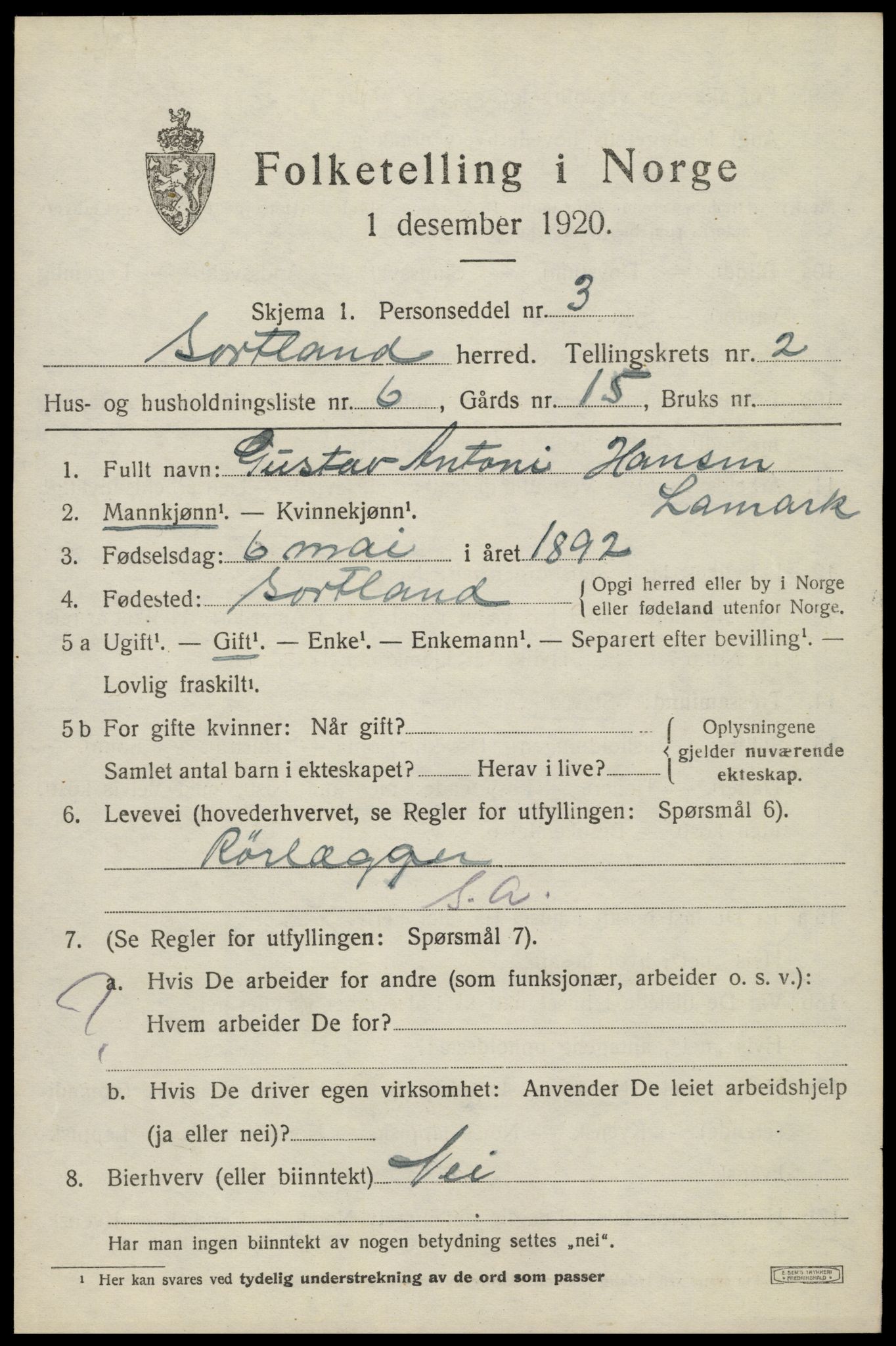 SAT, 1920 census for Sortland, 1920, p. 2830