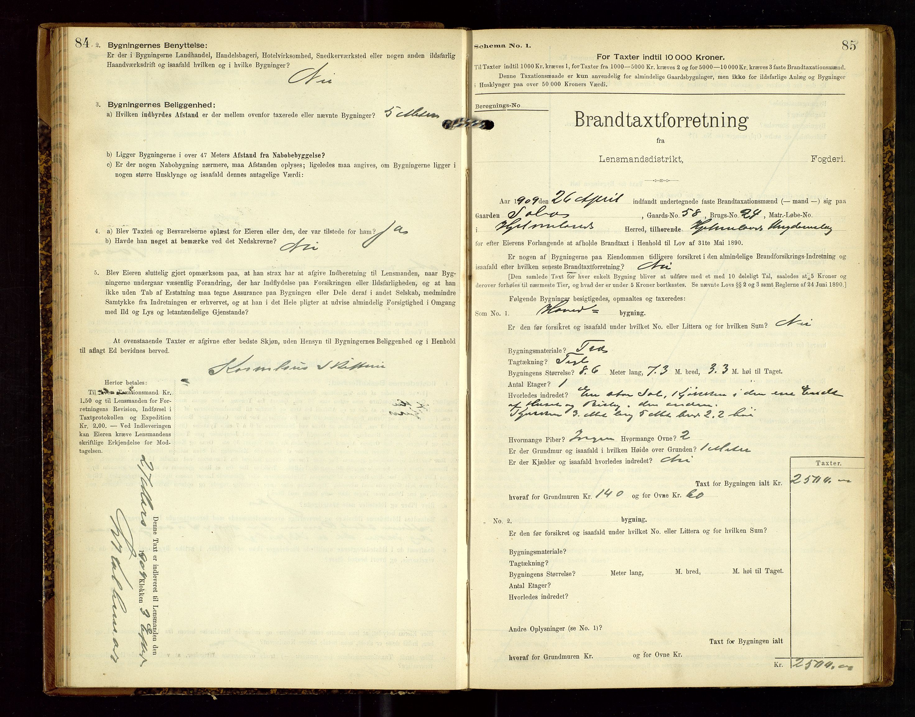 Hjelmeland lensmannskontor, SAST/A-100439/Gob/L0002: "Brandtaxationsprotokol", 1904-1920, p. 84-85