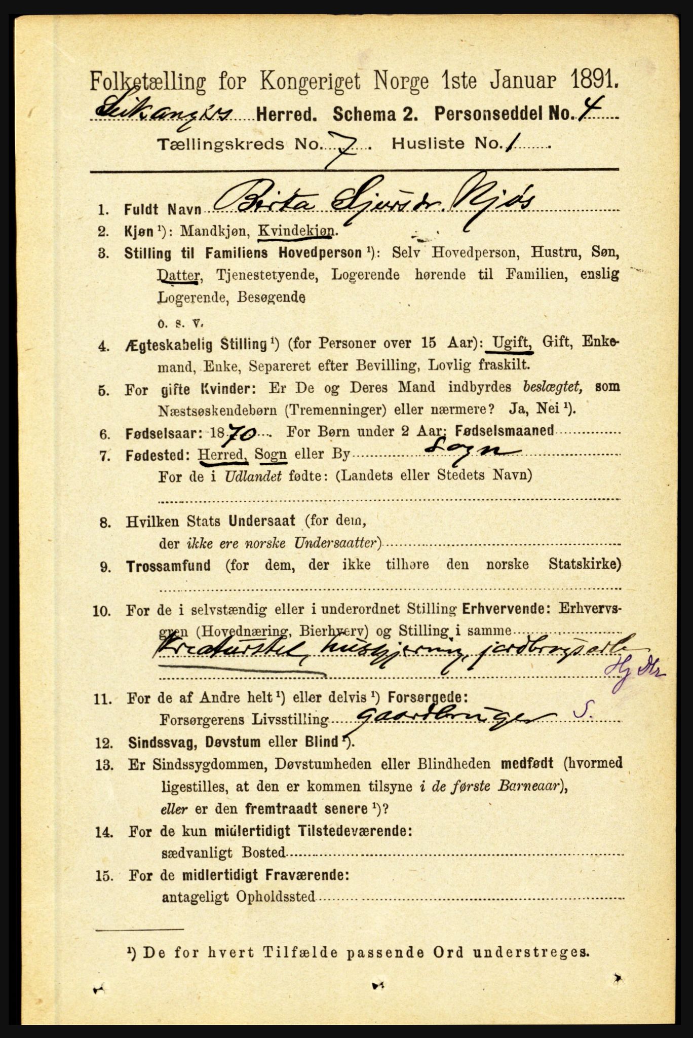 RA, 1891 census for 1419 Leikanger, 1891, p. 1345