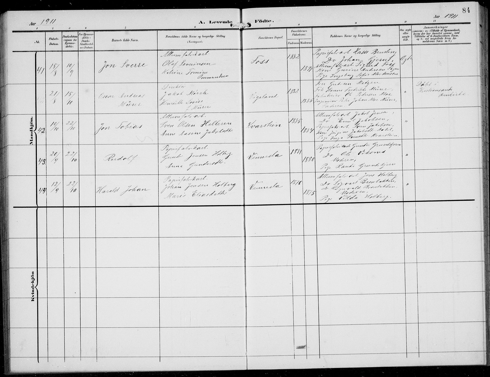 Vennesla sokneprestkontor, AV/SAK-1111-0045/Fb/Fbb/L0005: Parish register (copy) no. B 5, 1903-1913, p. 84