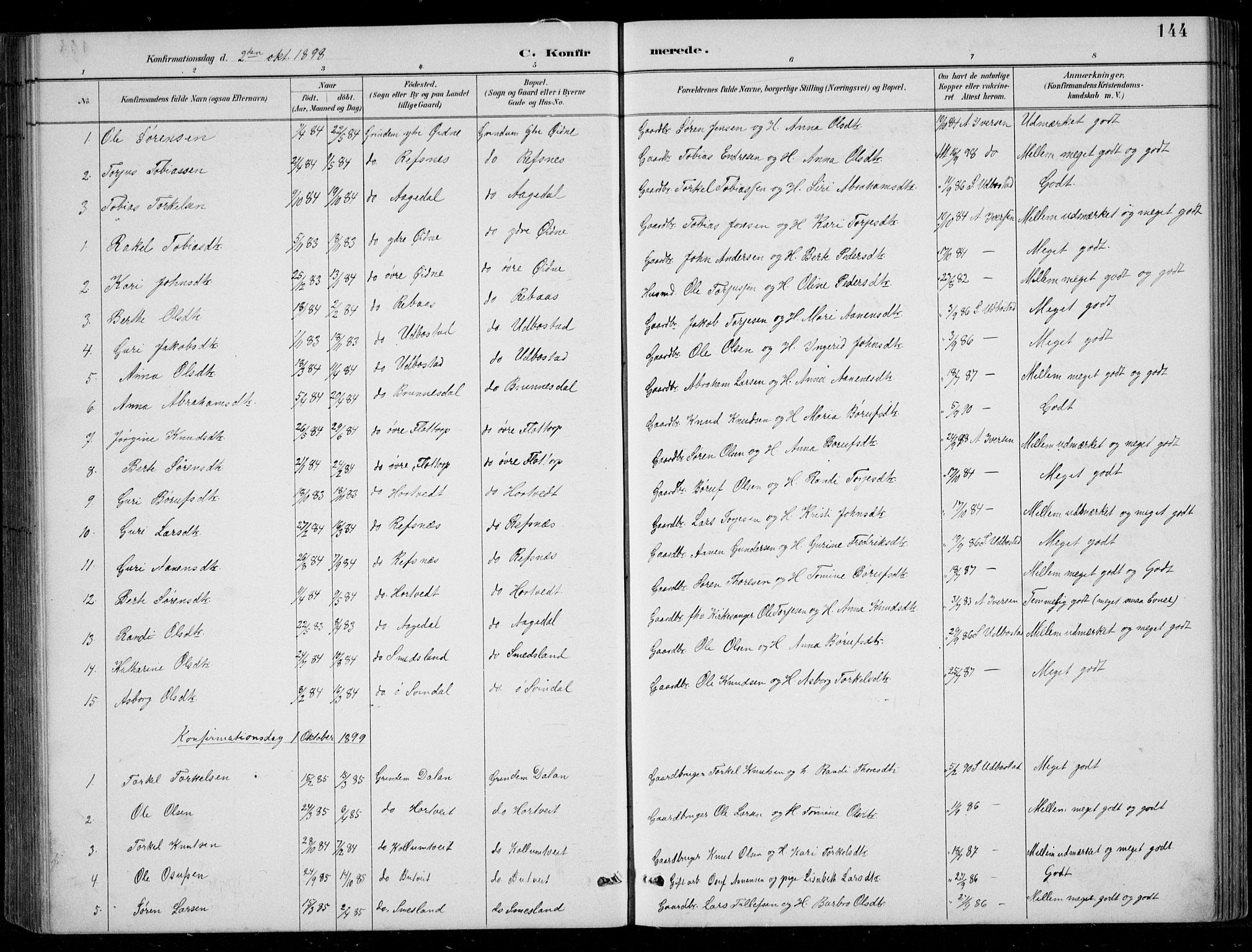 Bjelland sokneprestkontor, SAK/1111-0005/F/Fb/Fbc/L0003: Parish register (copy) no. B 3, 1887-1924, p. 144