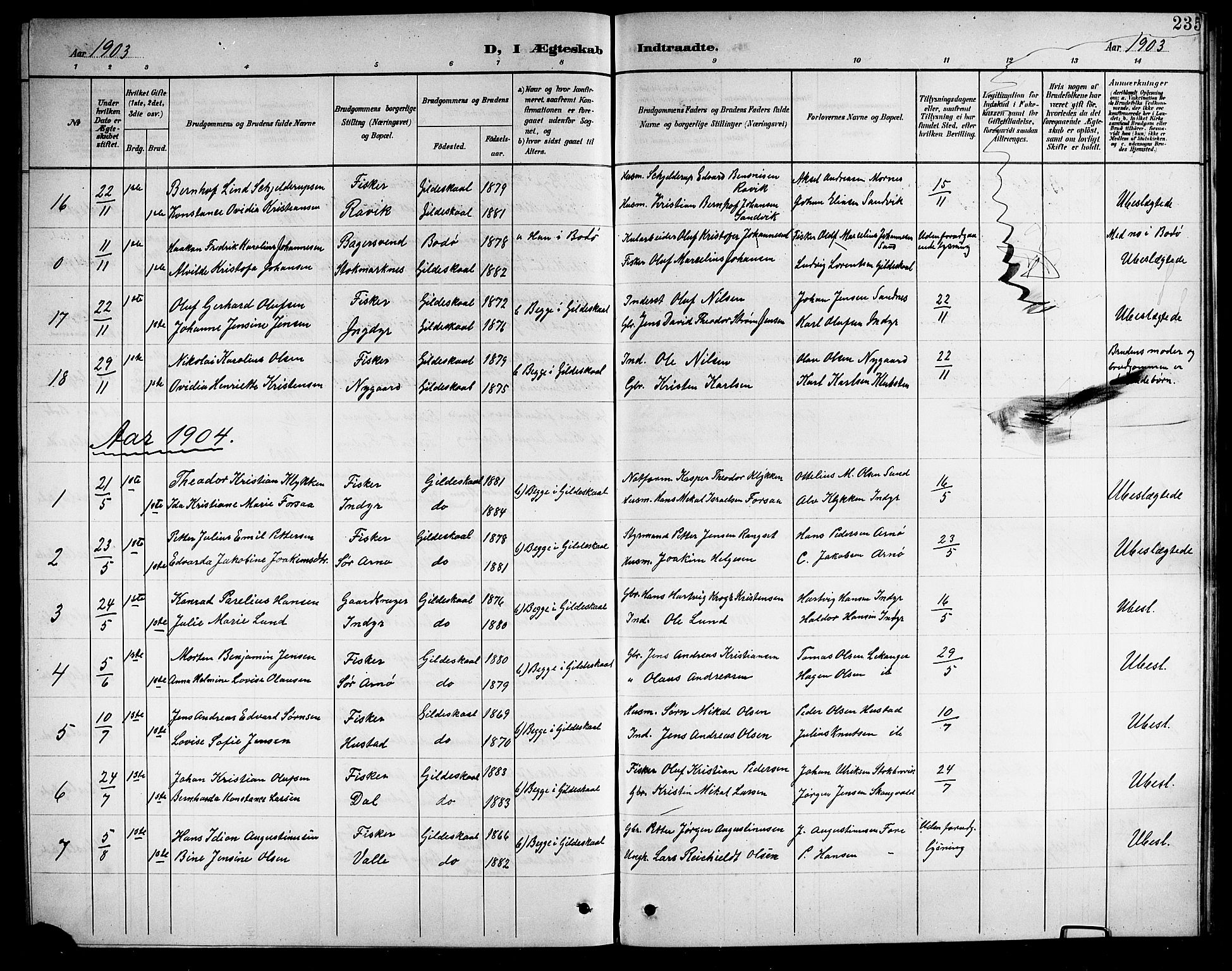 Ministerialprotokoller, klokkerbøker og fødselsregistre - Nordland, AV/SAT-A-1459/805/L0109: Parish register (copy) no. 805C05, 1900-1911, p. 235