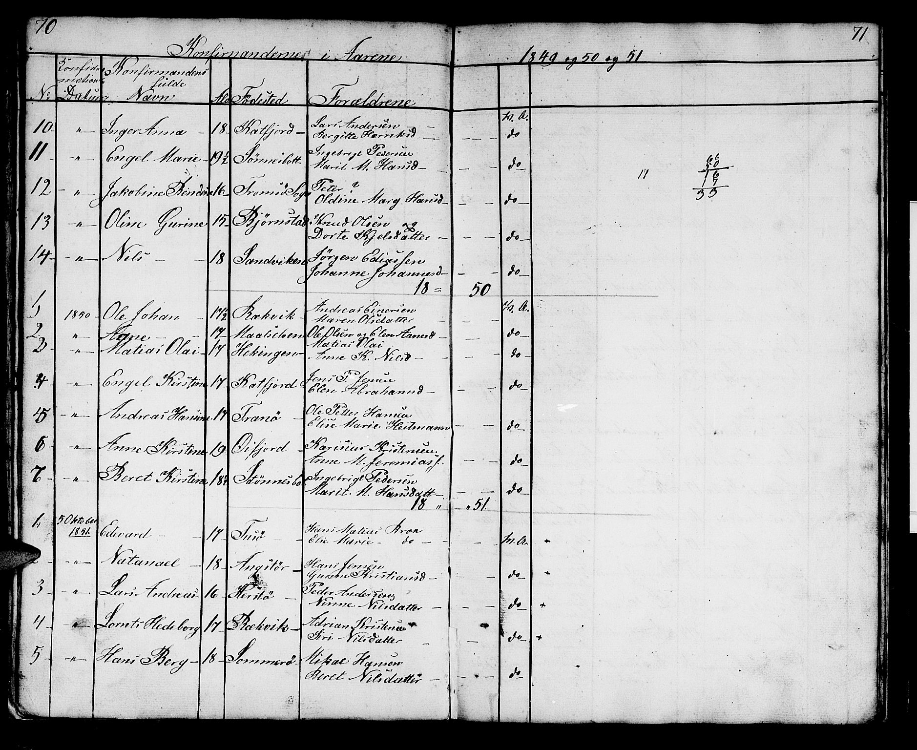 Lenvik sokneprestembete, SATØ/S-1310/H/Ha/Hab/L0018klokker: Parish register (copy) no. 18, 1838-1854, p. 70-71