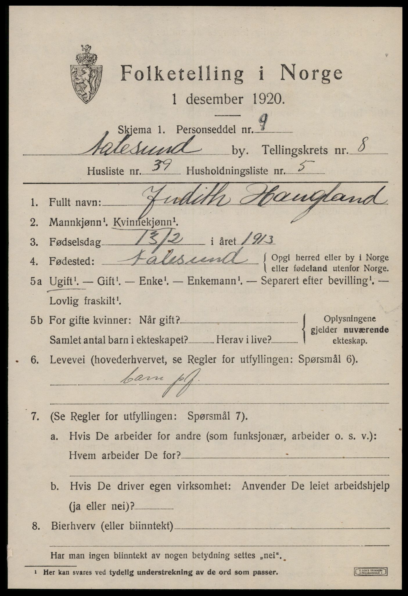 SAT, 1920 census for Ålesund, 1920, p. 22656