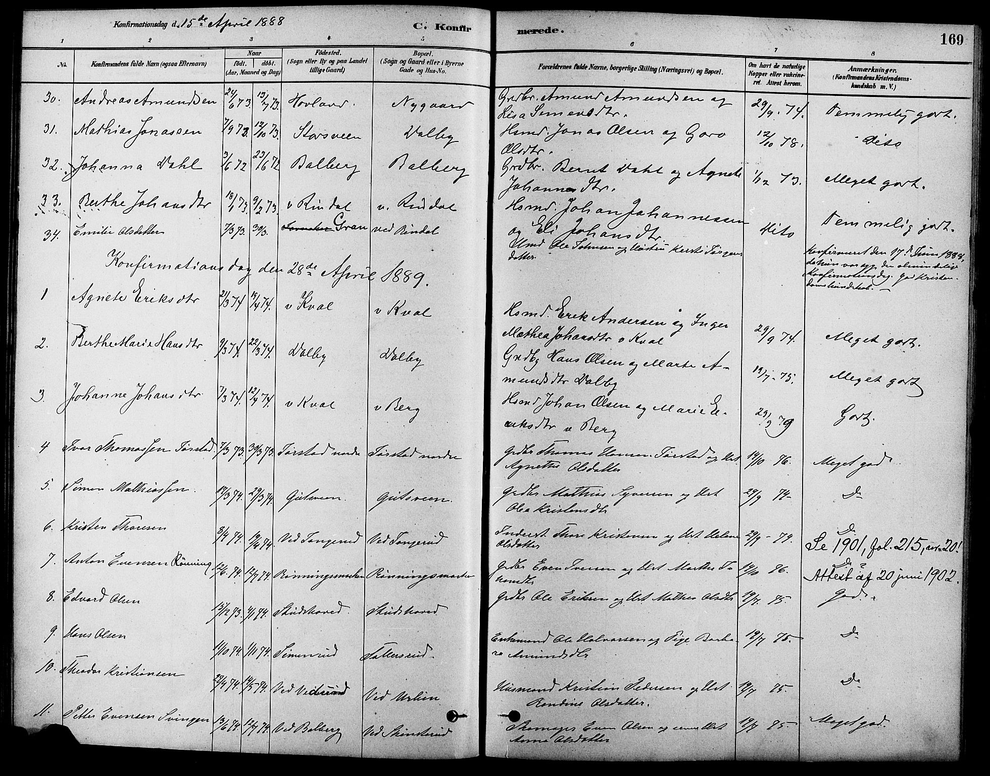 Fåberg prestekontor, AV/SAH-PREST-086/H/Ha/Haa/L0008: Parish register (official) no. 8, 1879-1898, p. 169