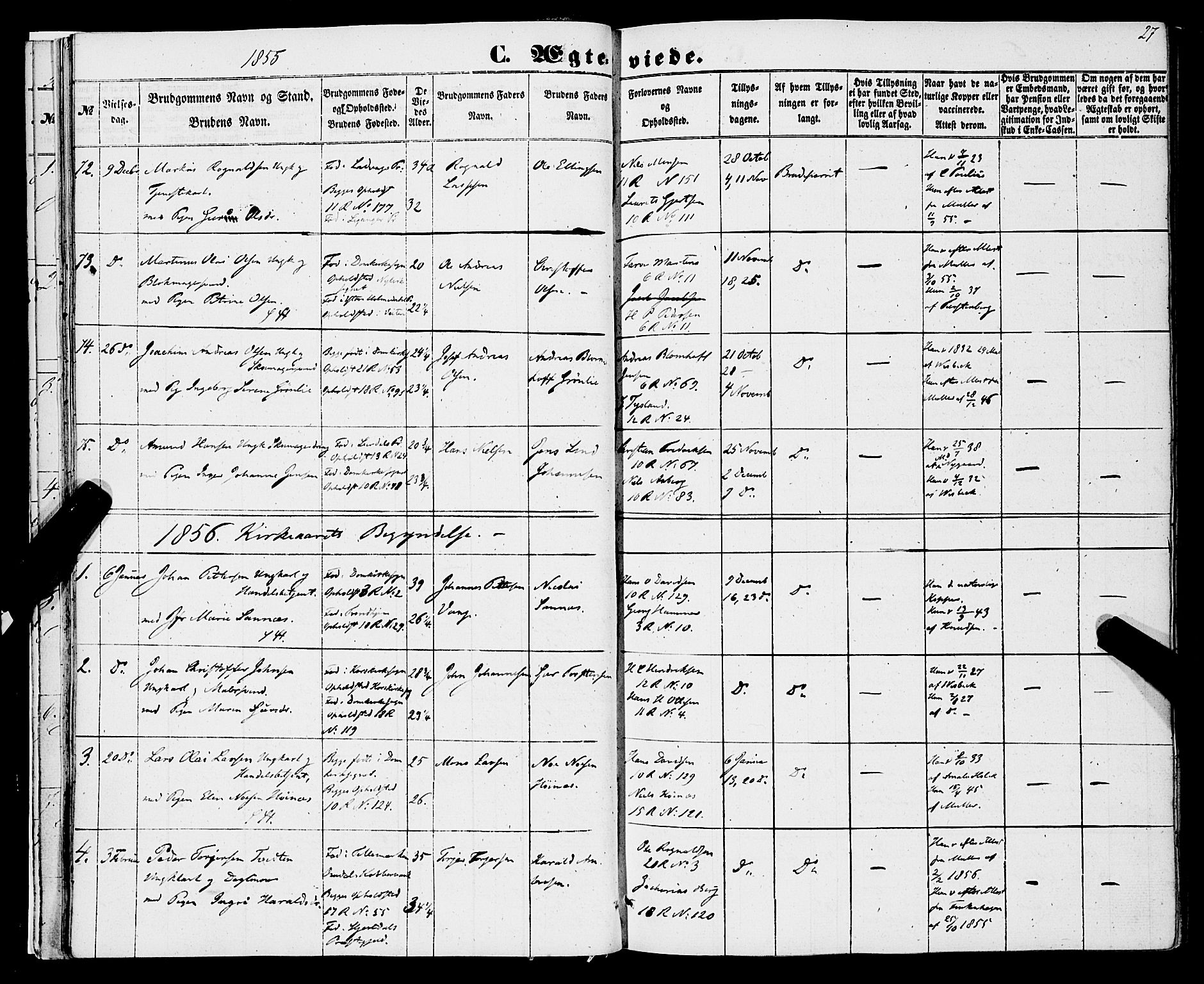 Domkirken sokneprestembete, SAB/A-74801/H/Haa/L0034: Parish register (official) no. D 2, 1853-1874, p. 27