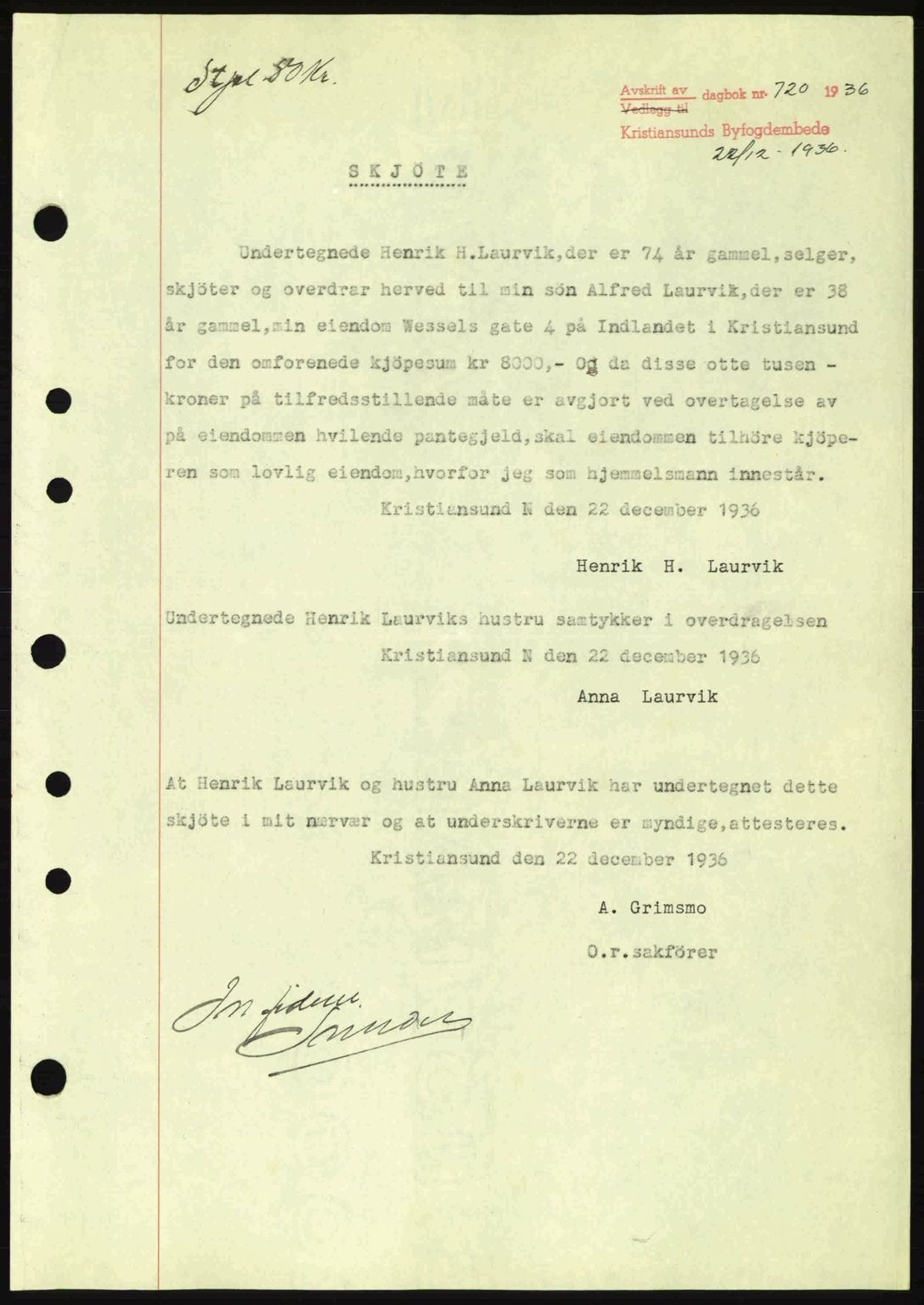 Kristiansund byfogd, AV/SAT-A-4587/A/27: Mortgage book no. 30, 1936-1941, Diary no: : 720/1936
