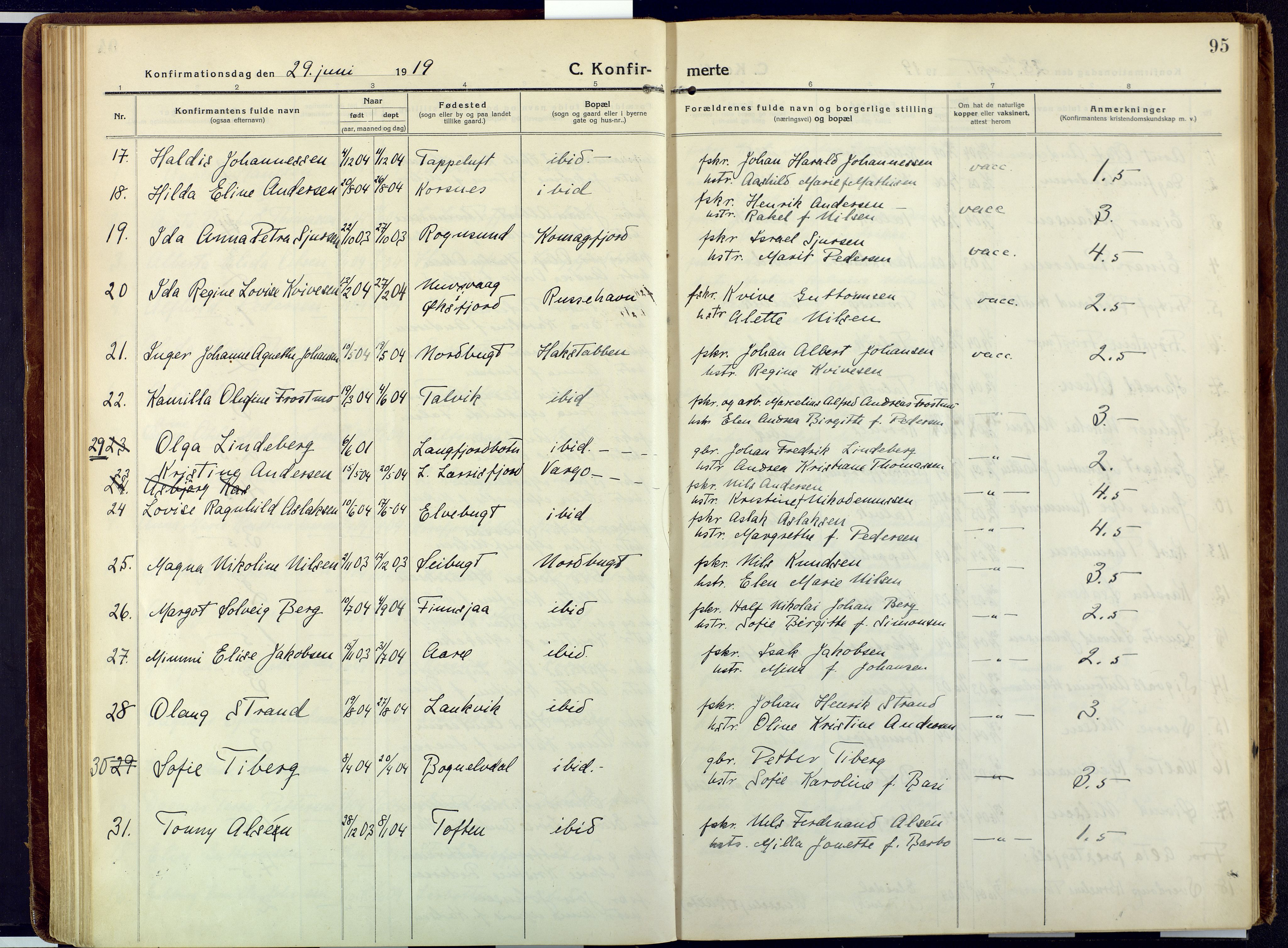 Talvik sokneprestkontor, SATØ/S-1337/H/Ha/L0018kirke: Parish register (official) no. 18, 1915-1924, p. 95