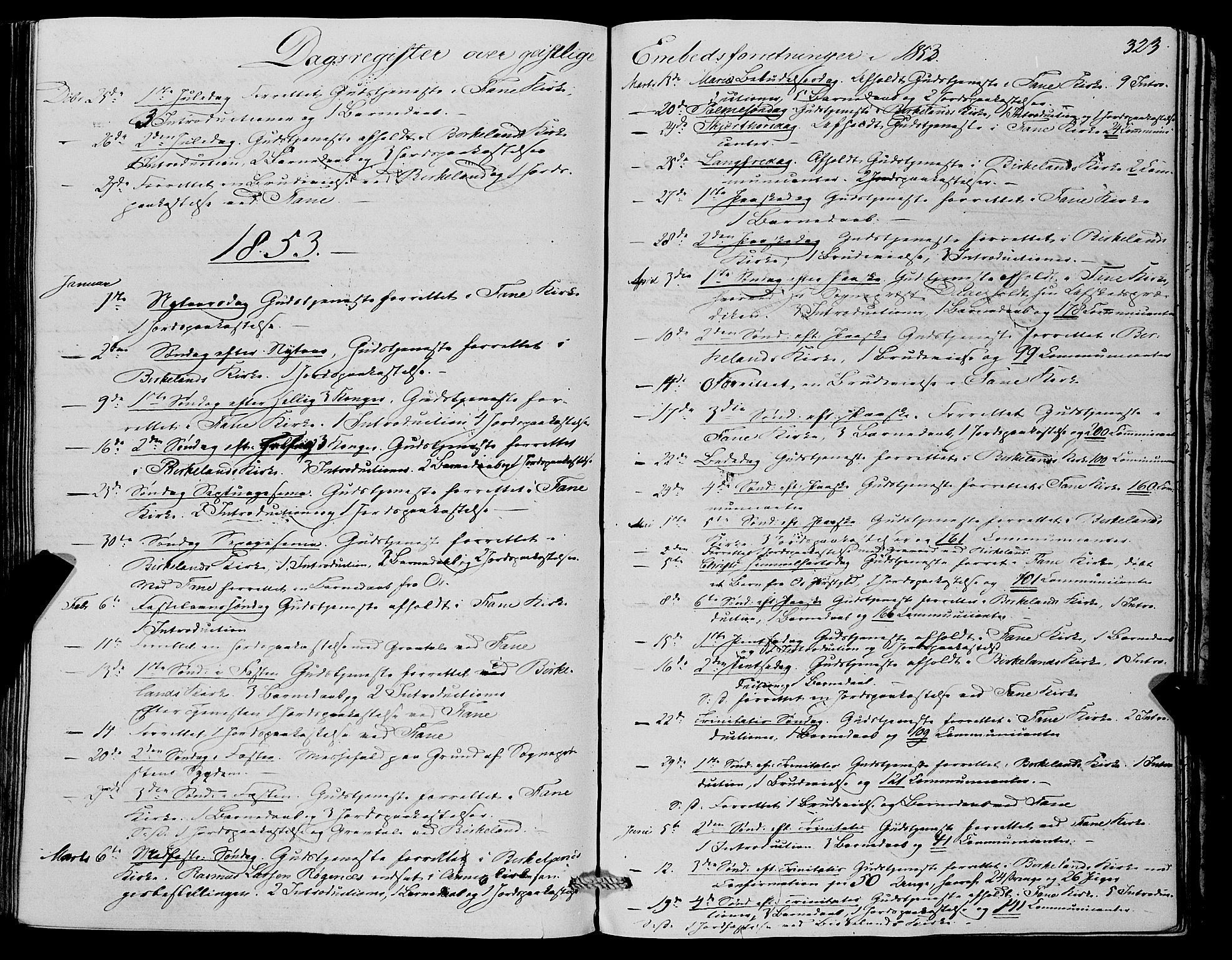Fana Sokneprestembete, SAB/A-75101/H/Haa/Haaa/L0011: Parish register (official) no. A 11, 1851-1862, p. 323