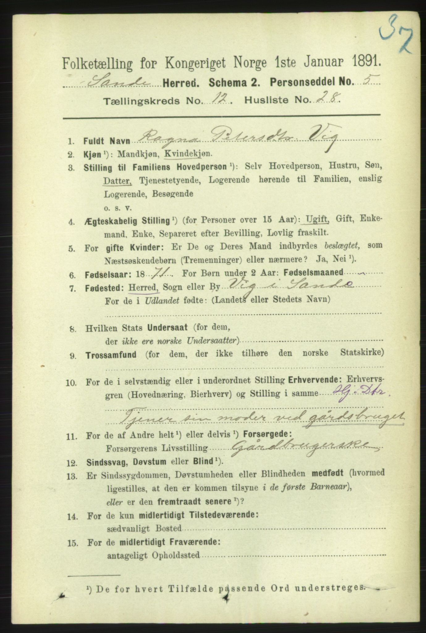 RA, 1891 census for 1514 Sande, 1891, p. 2397