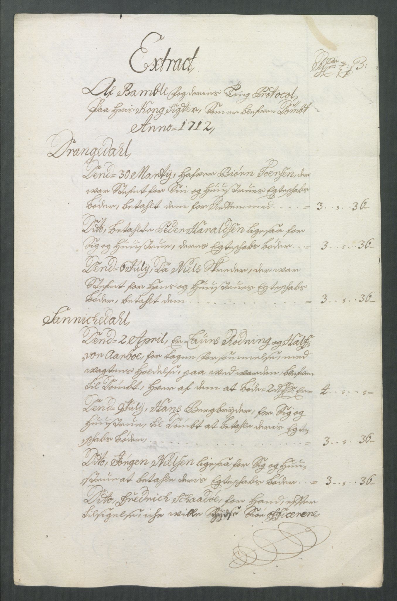 Rentekammeret inntil 1814, Reviderte regnskaper, Fogderegnskap, AV/RA-EA-4092/R36/L2123: Fogderegnskap Øvre og Nedre Telemark og Bamble, 1712, p. 226