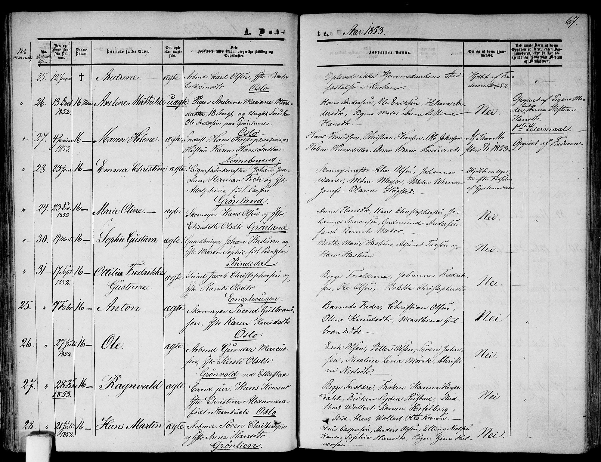 Gamlebyen prestekontor Kirkebøker, SAO/A-10884/F/Fa/L0004: Parish register (official) no. 4, 1850-1857, p. 67