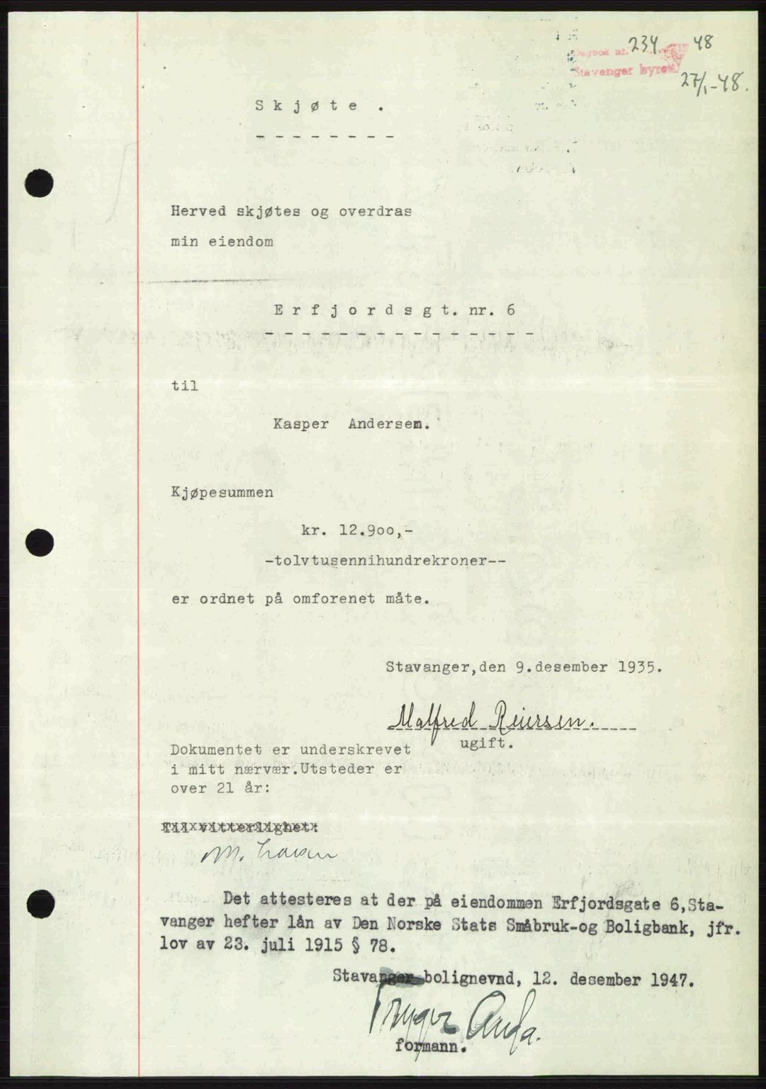 Stavanger byrett, SAST/A-100455/002/G/Gb/L0022: Mortgage book no. A11, 1947-1948, Diary no: : 234/1948