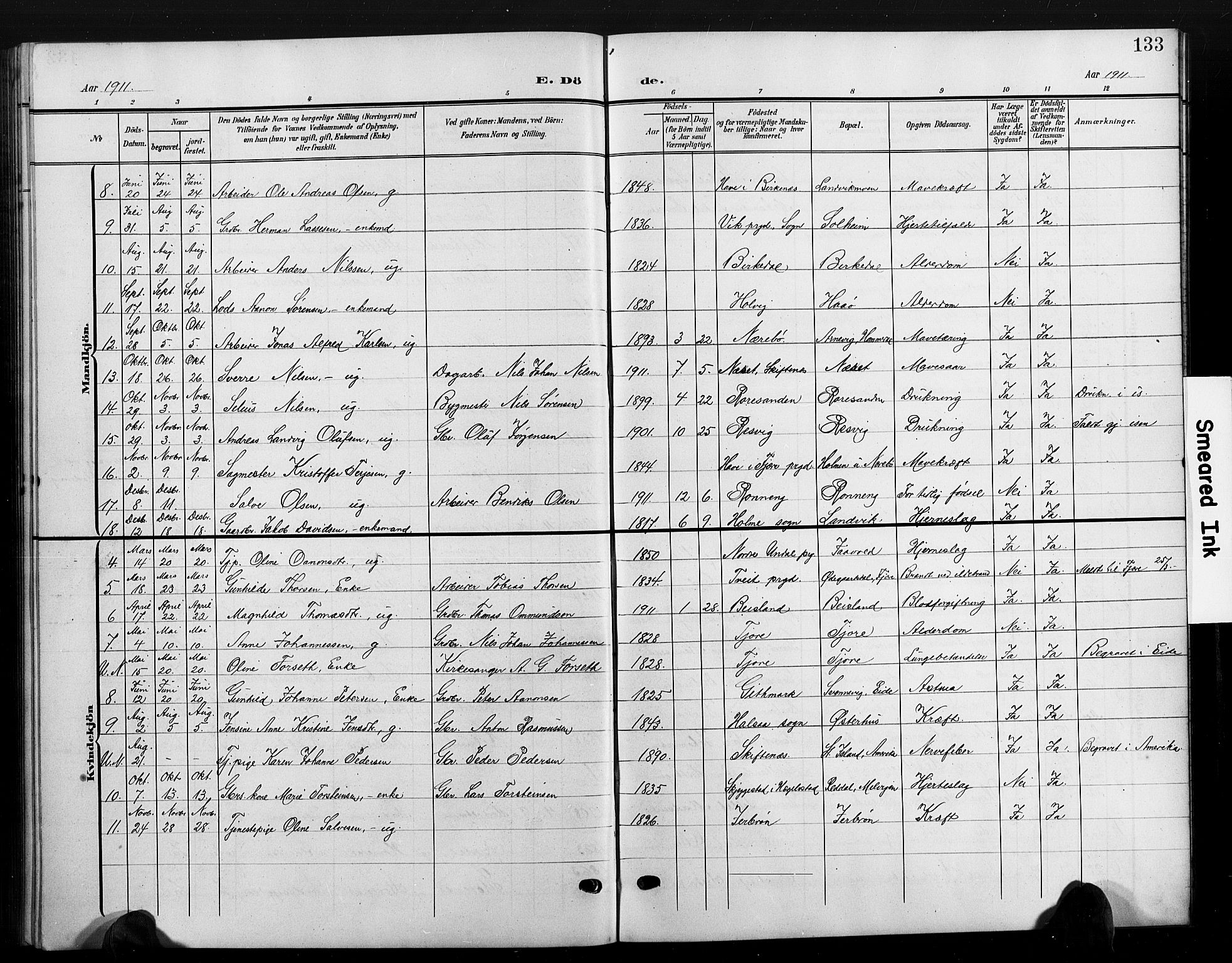 Hommedal sokneprestkontor, SAK/1111-0023/F/Fb/Fbb/L0008: Parish register (copy) no. B 8, 1905-1929, p. 133