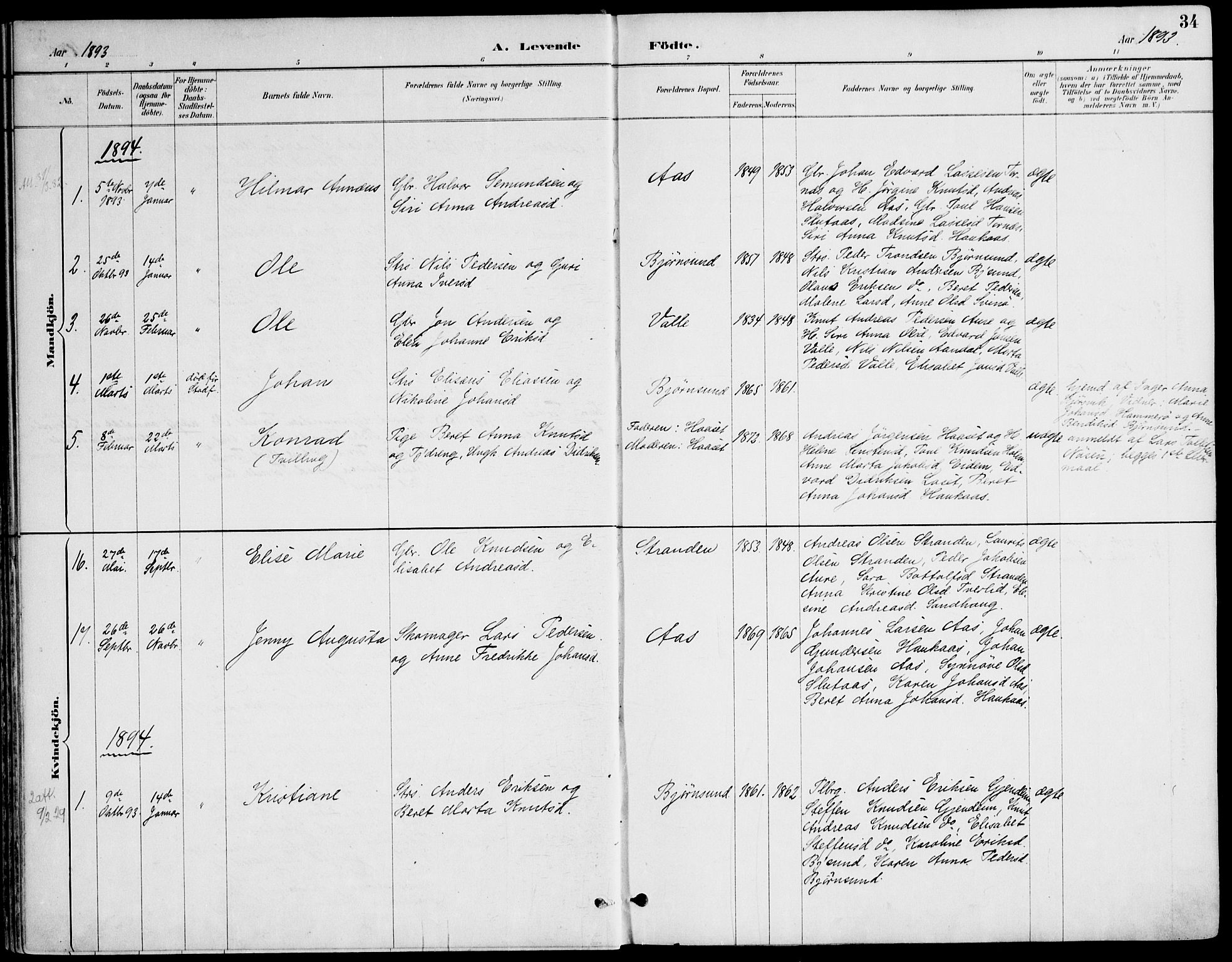 Ministerialprotokoller, klokkerbøker og fødselsregistre - Møre og Romsdal, AV/SAT-A-1454/565/L0750: Parish register (official) no. 565A04, 1887-1905, p. 34