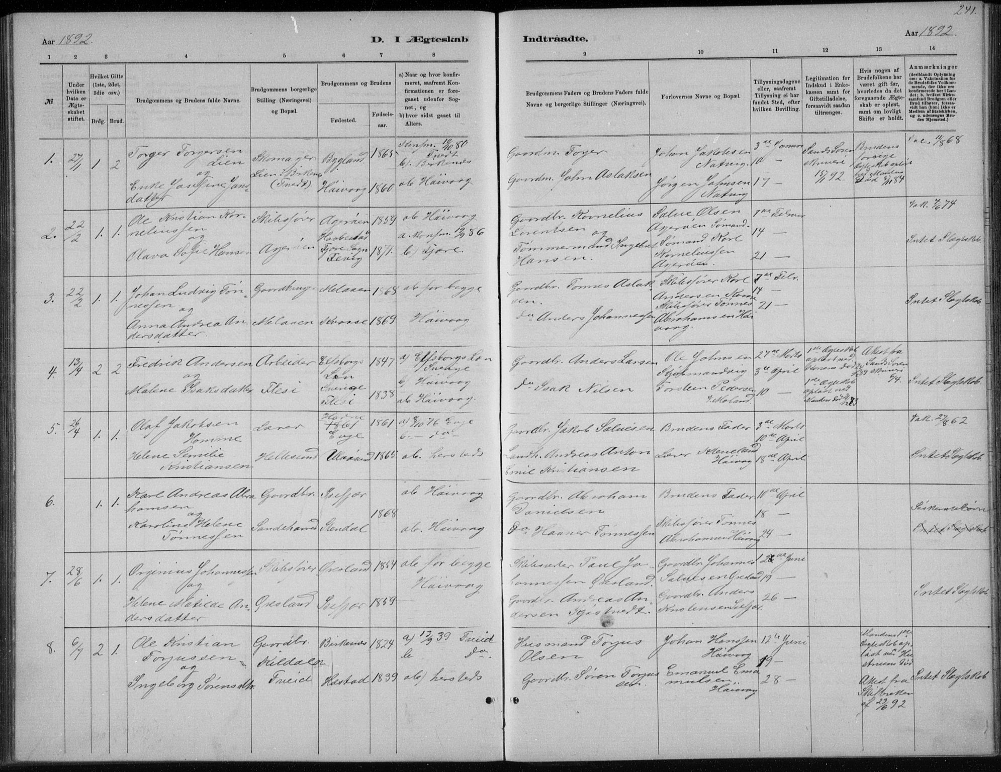 Høvåg sokneprestkontor, SAK/1111-0025/F/Fb/L0004: Parish register (copy) no. B 4, 1883-1898, p. 241