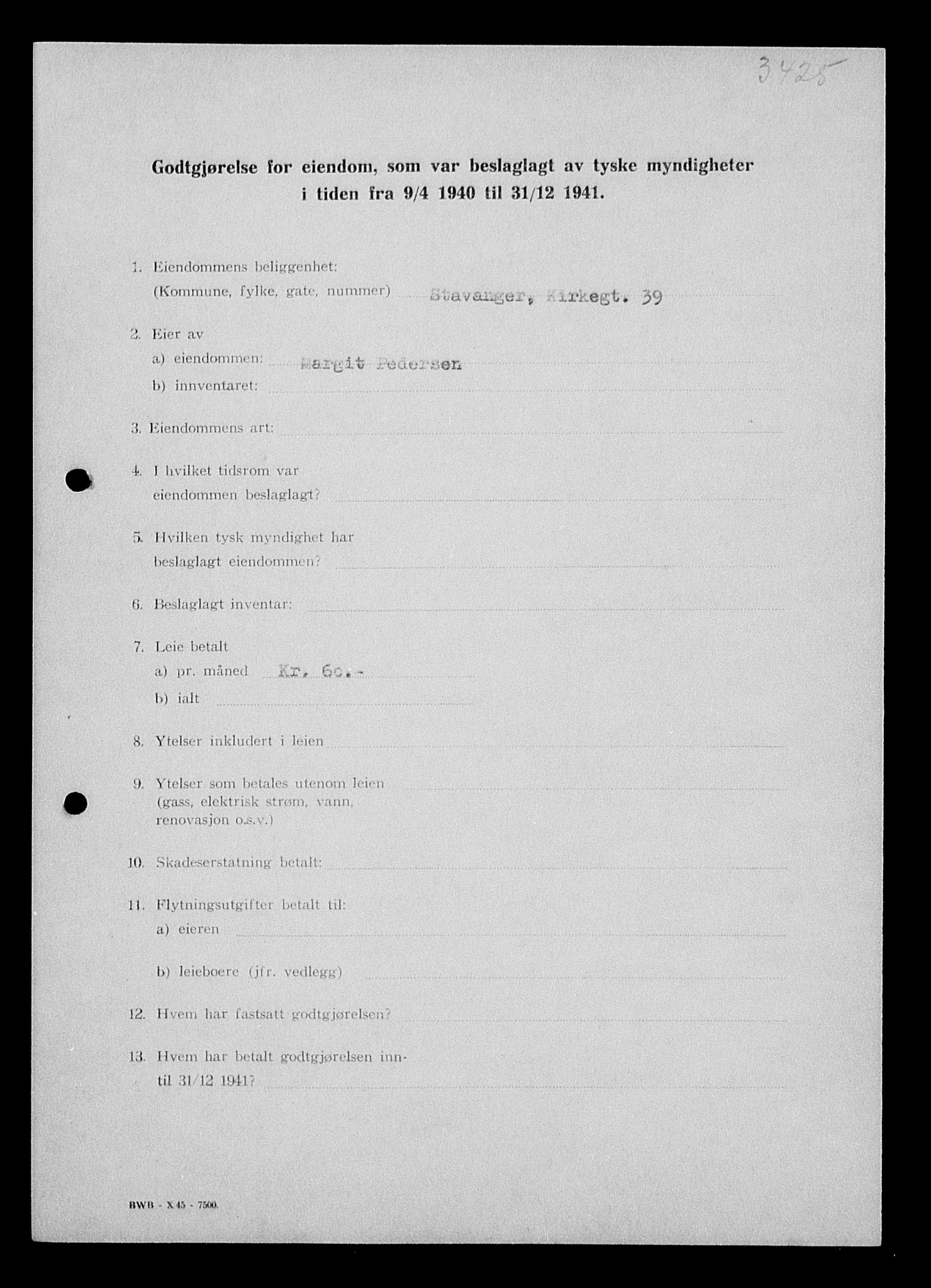 Justisdepartementet, Tilbakeføringskontoret for inndratte formuer, AV/RA-S-1564/I/L1014: Godtgjørelse for beslaglagt eiendom, 1940-1941, p. 108