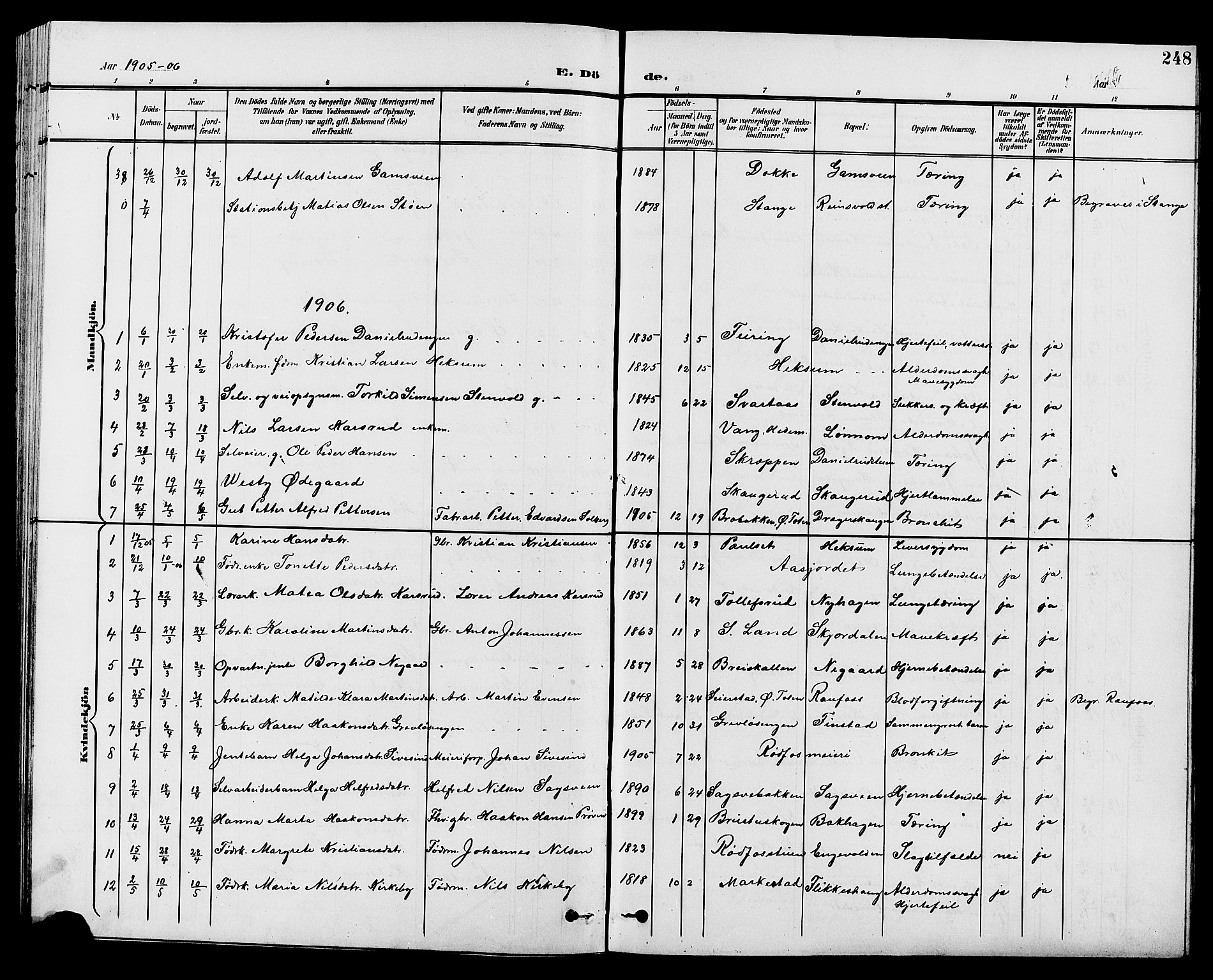 Vestre Toten prestekontor, SAH/PREST-108/H/Ha/Hab/L0010: Parish register (copy) no. 10, 1900-1912, p. 248
